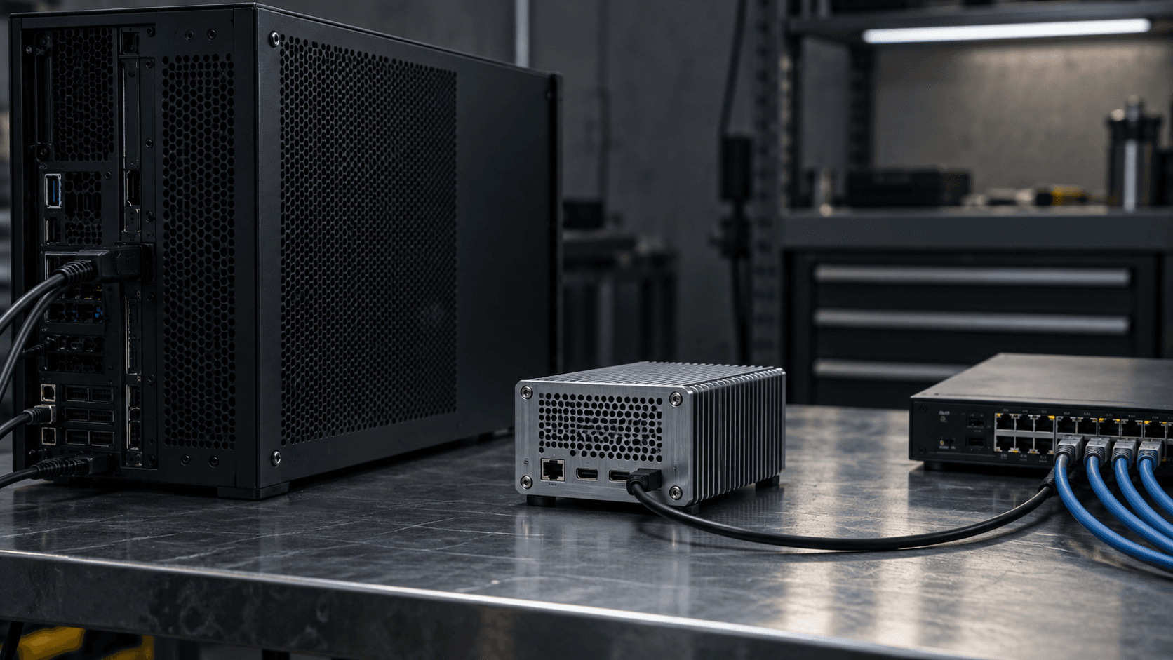 Conceptual photograph of separate unbranded computing and control enclosures, illustrating an independent security boundary rather than actual Nvidia equipment.