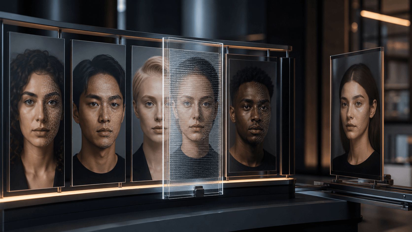 A gallery of synthetic portrait panels with one profile separated from the recommendation rail
