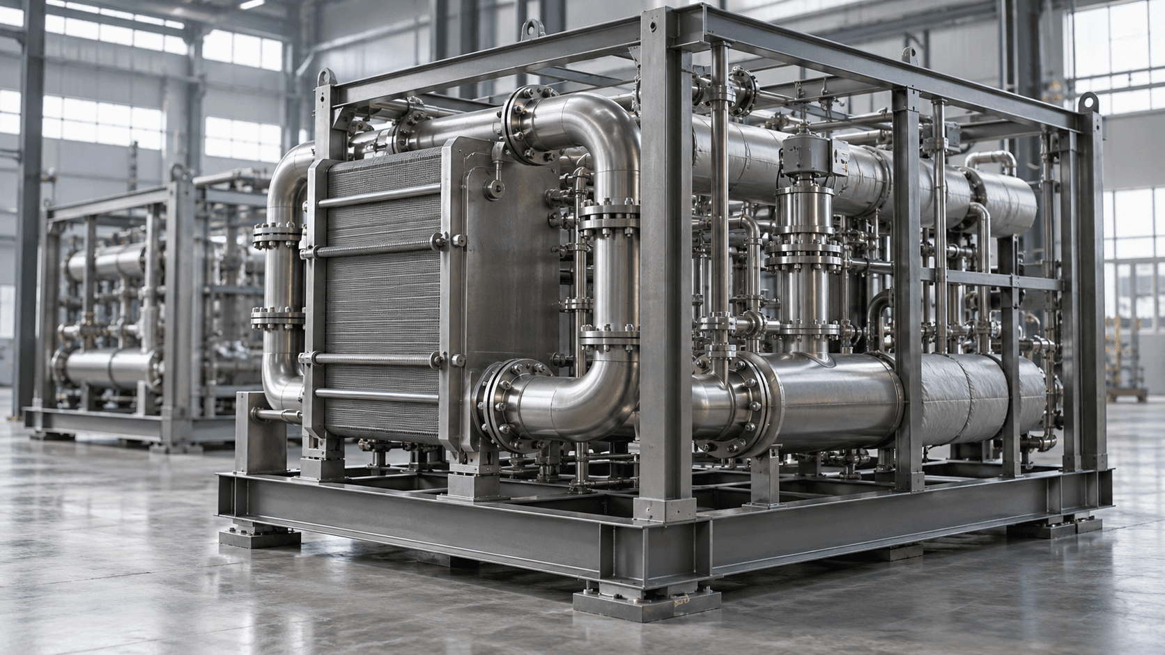 Conceptual editorial image of generic modular industrial equipment in a fabrication hall, not actual Kairos Power or Samsung equipment.