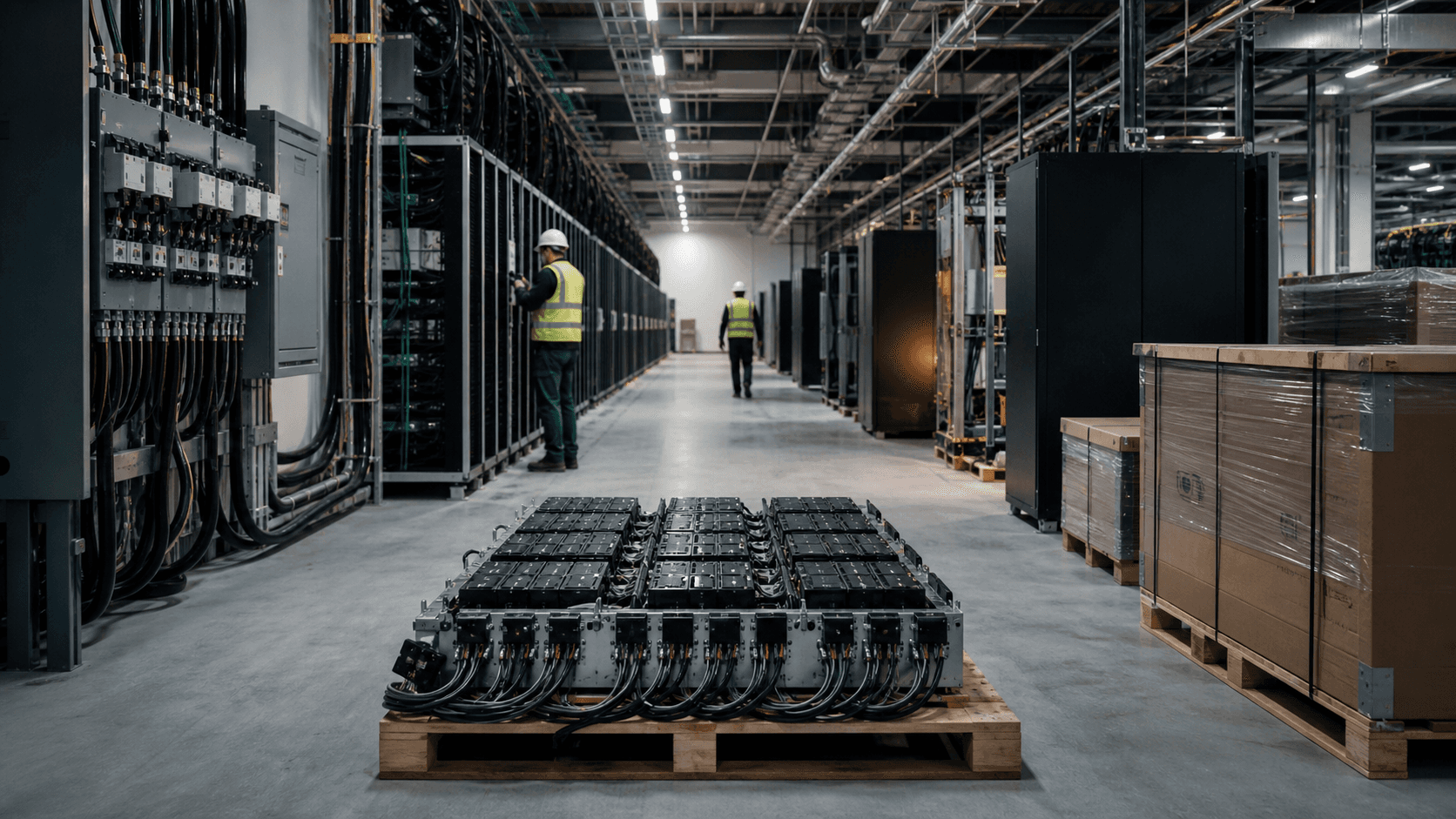 A photorealistic data center installation floor with unbranded compute racks and equipment pallets