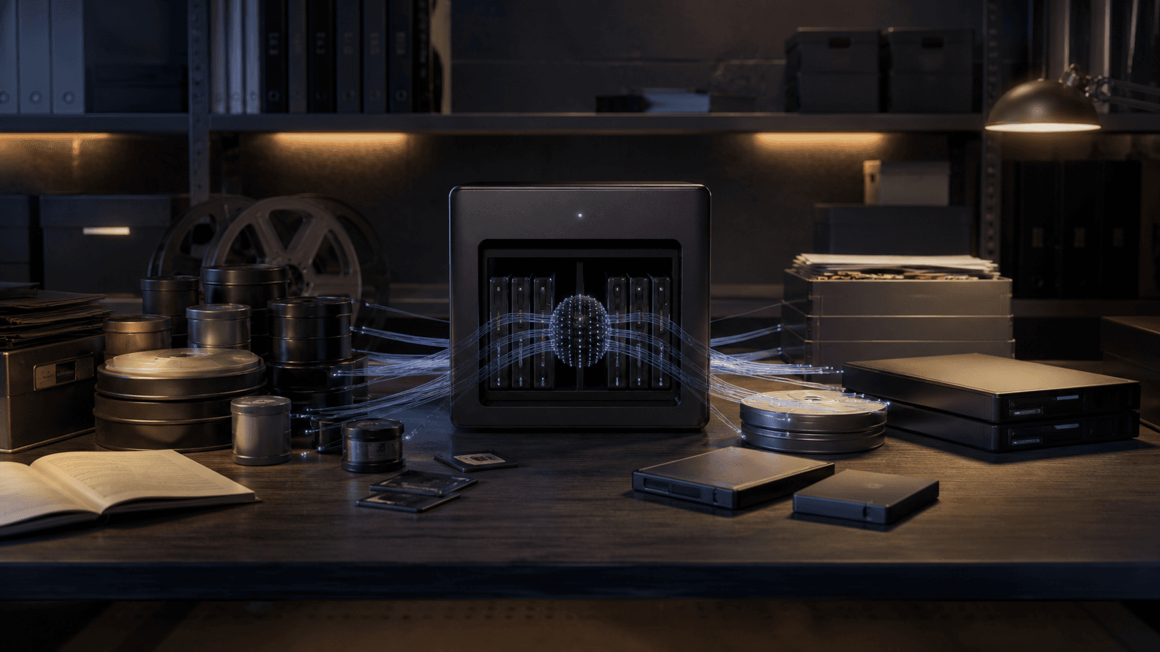 A local workstation indexing film, audio, documents, and storage media inside a private archive