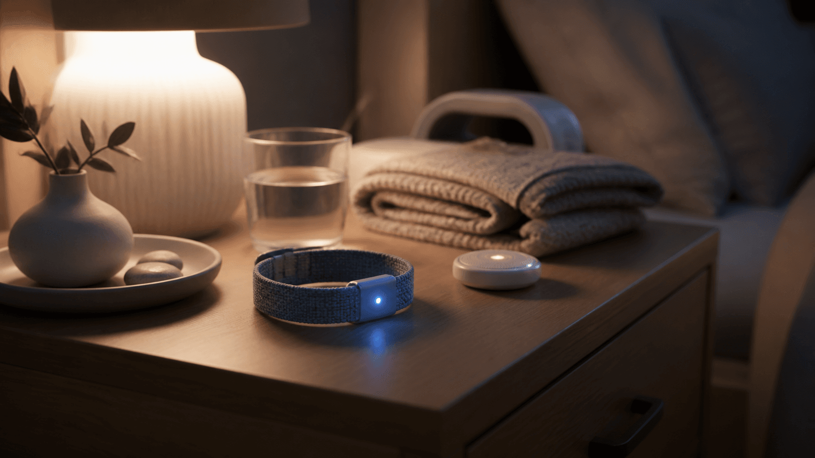An original unbranded screenless wearable on a bedside table beside subtle home-care objects