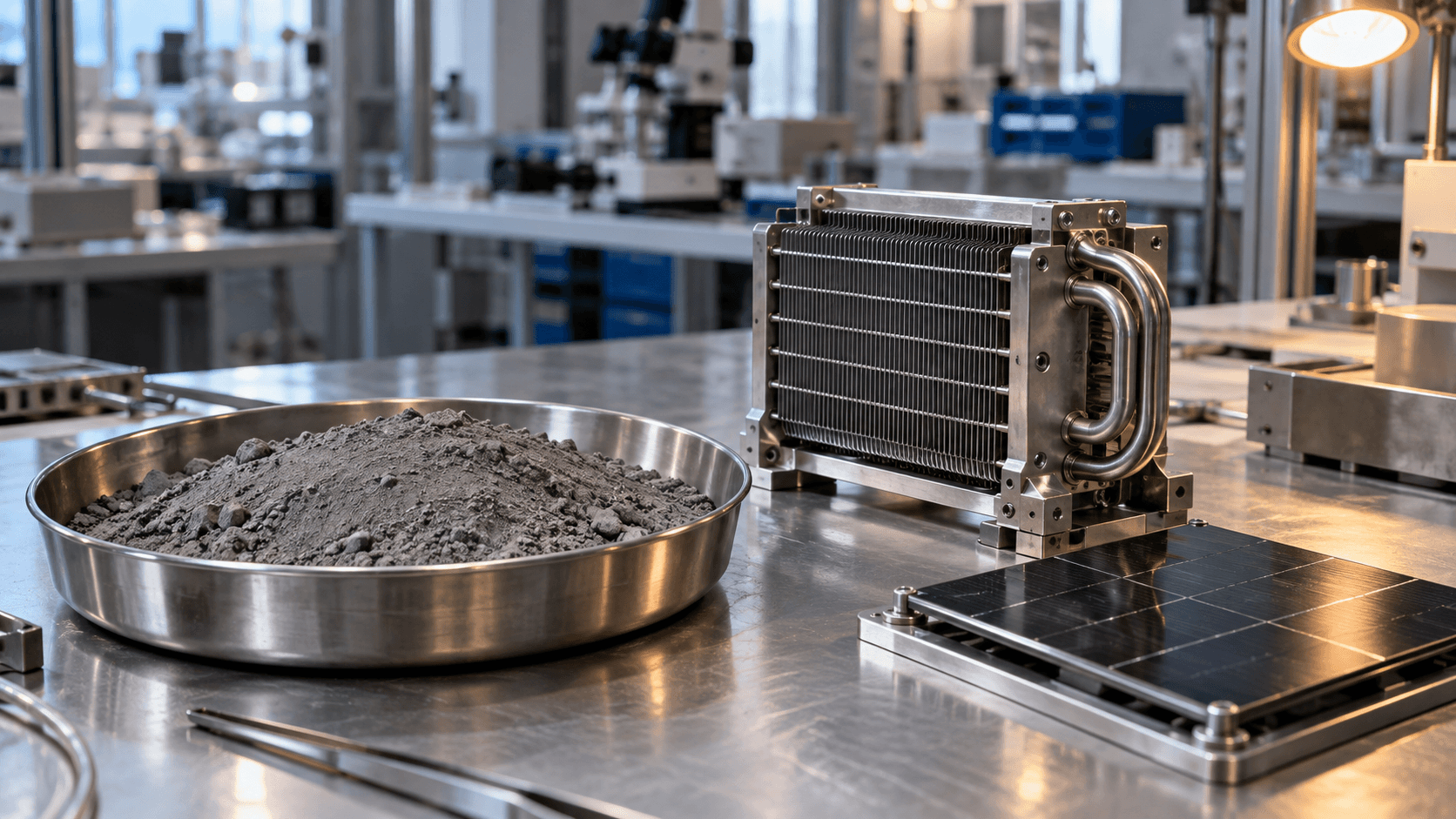 Conceptual editorial photograph of mineral powder, a heat exchanger, and a solar test coupon on a generic laboratory bench, not NASA hardware.