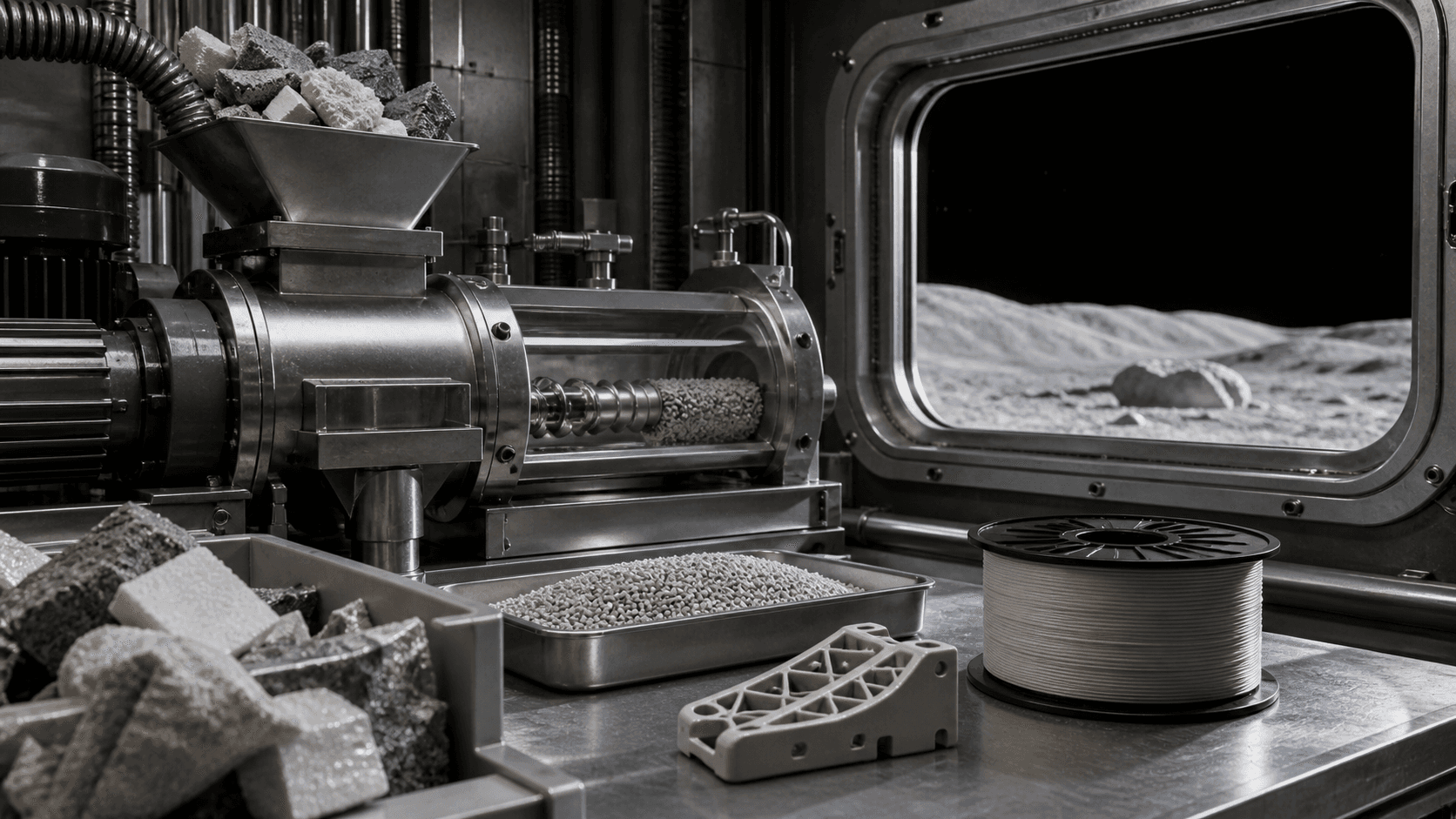 A conceptual lunar materials laboratory converting mixed waste into granular feedstock, filament, and a molded structural part