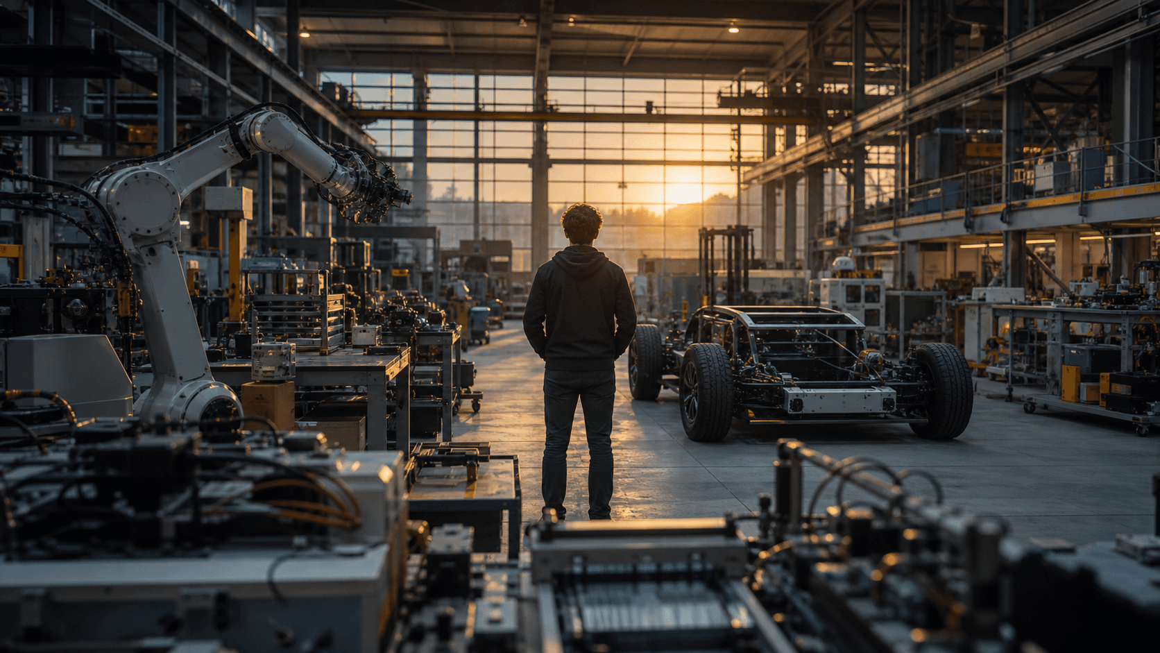 A photorealistic founder standing inside an advanced hardware prototyping factory at sunrise