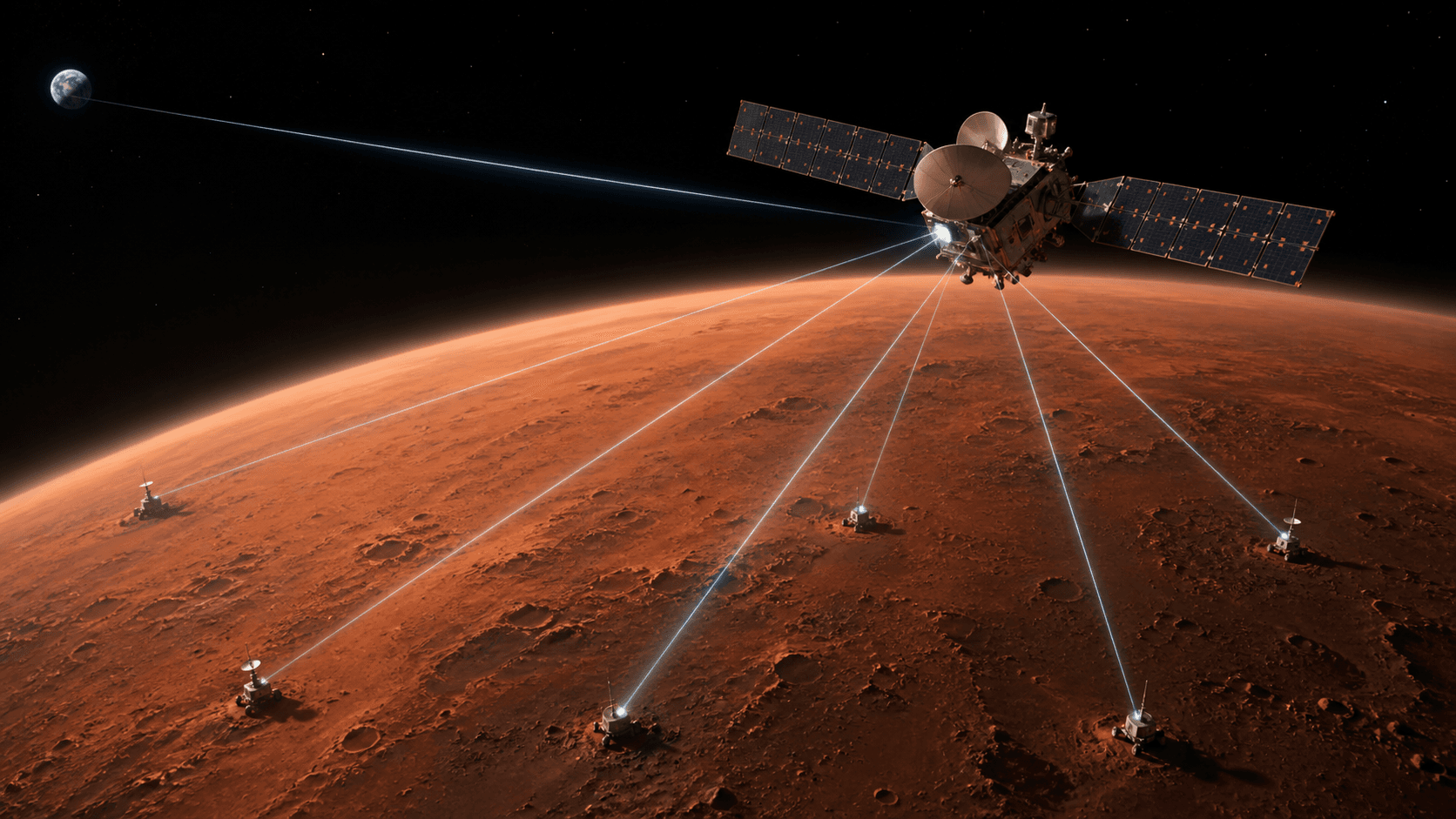 A communications orbiter relaying signals between Earth and multiple assets on Mars