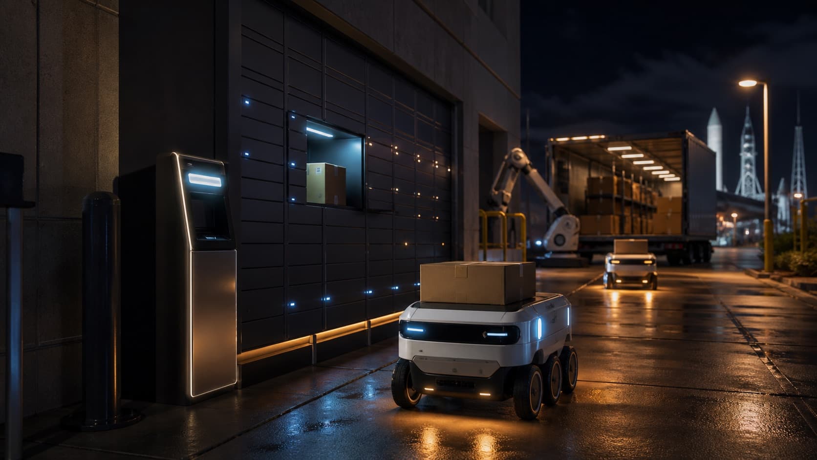 Autonomous delivery and transaction systems coordinating at a Space Coast logistics facility