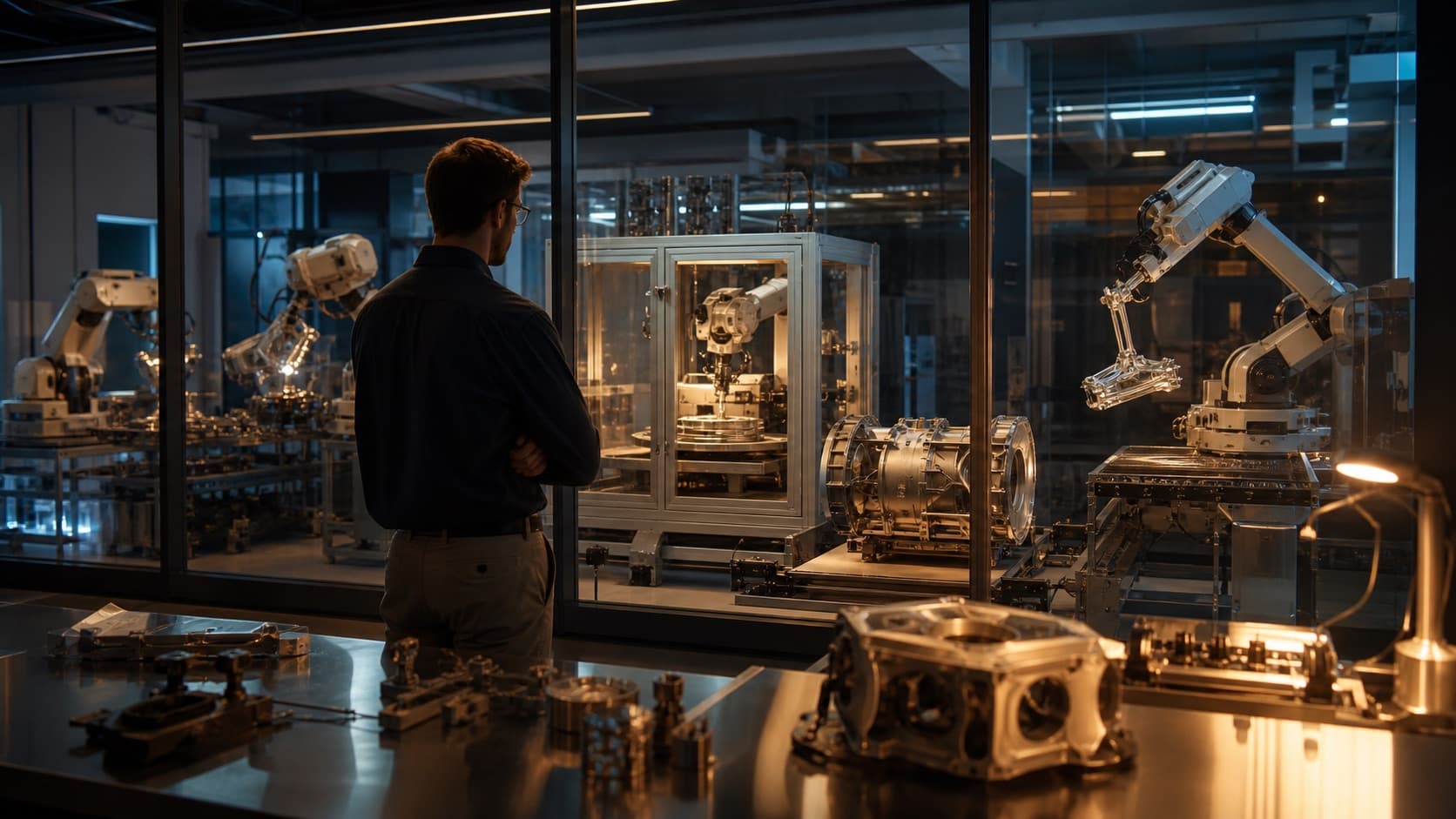 An engineer supervising autonomous fabrication stations in an aerospace prototyping lab