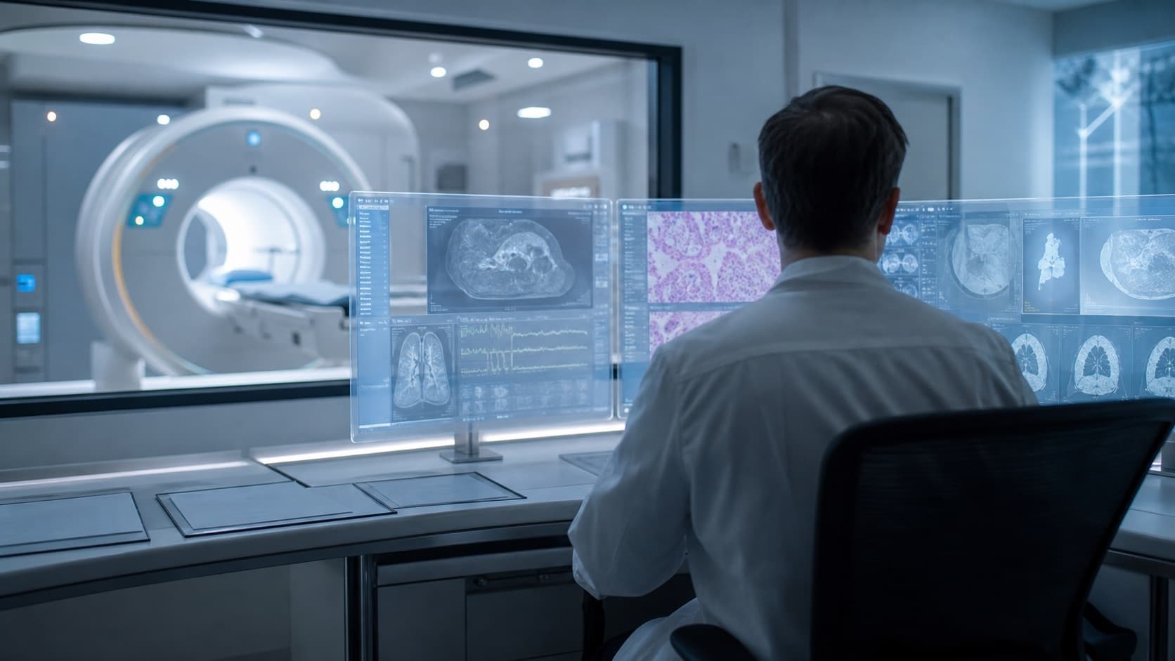 A clinician using an advanced remote diagnostic system in a realistic medical consultation room