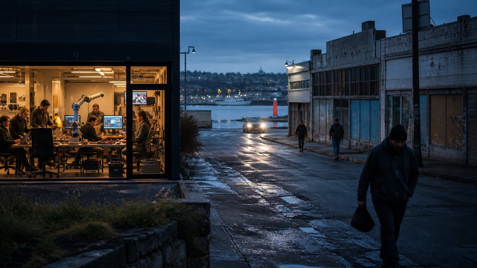 A warm advanced workshop operating beside an aging coastal industrial district