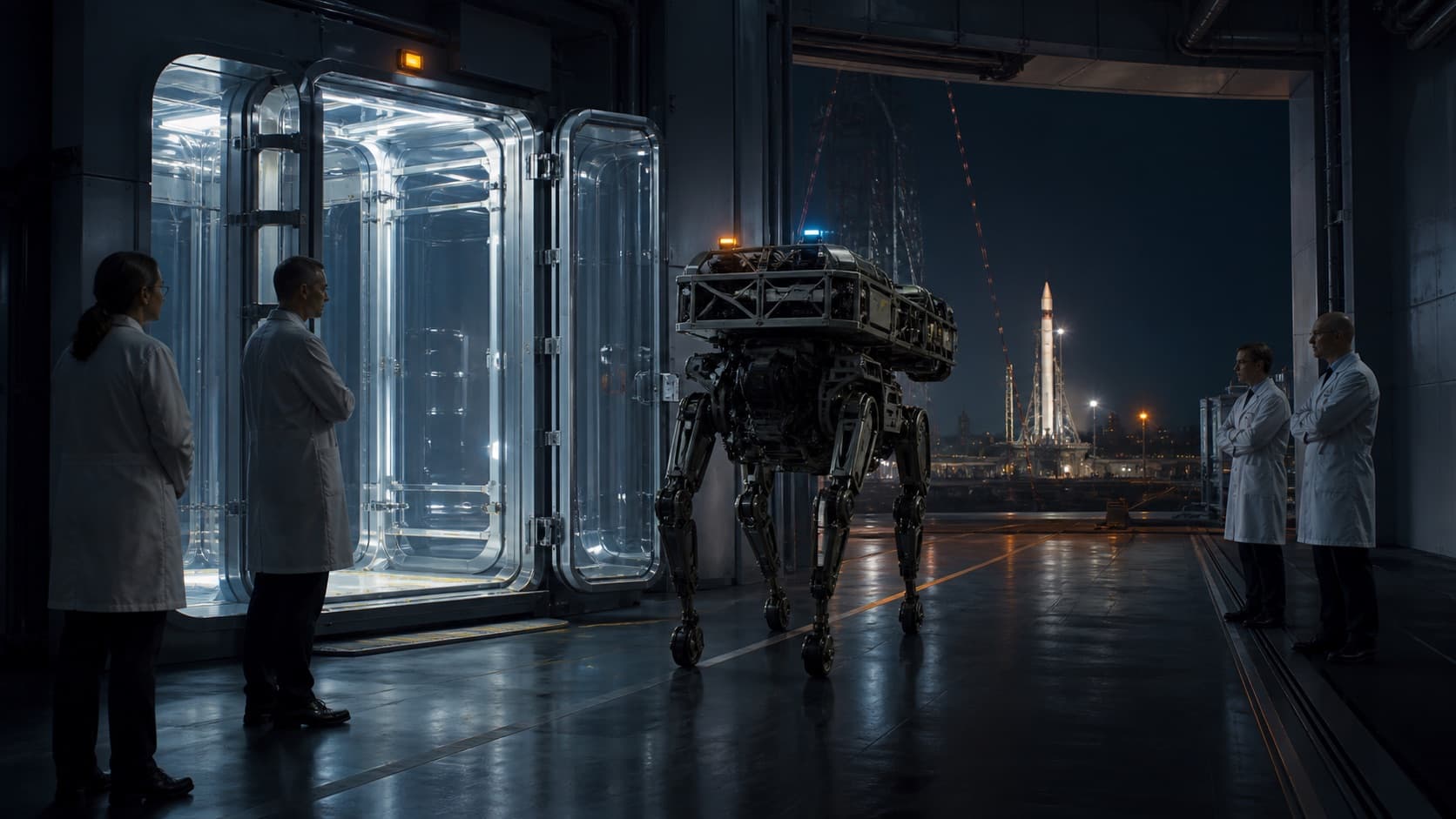 Scientists watching an autonomous research machine leave an open containment chamber