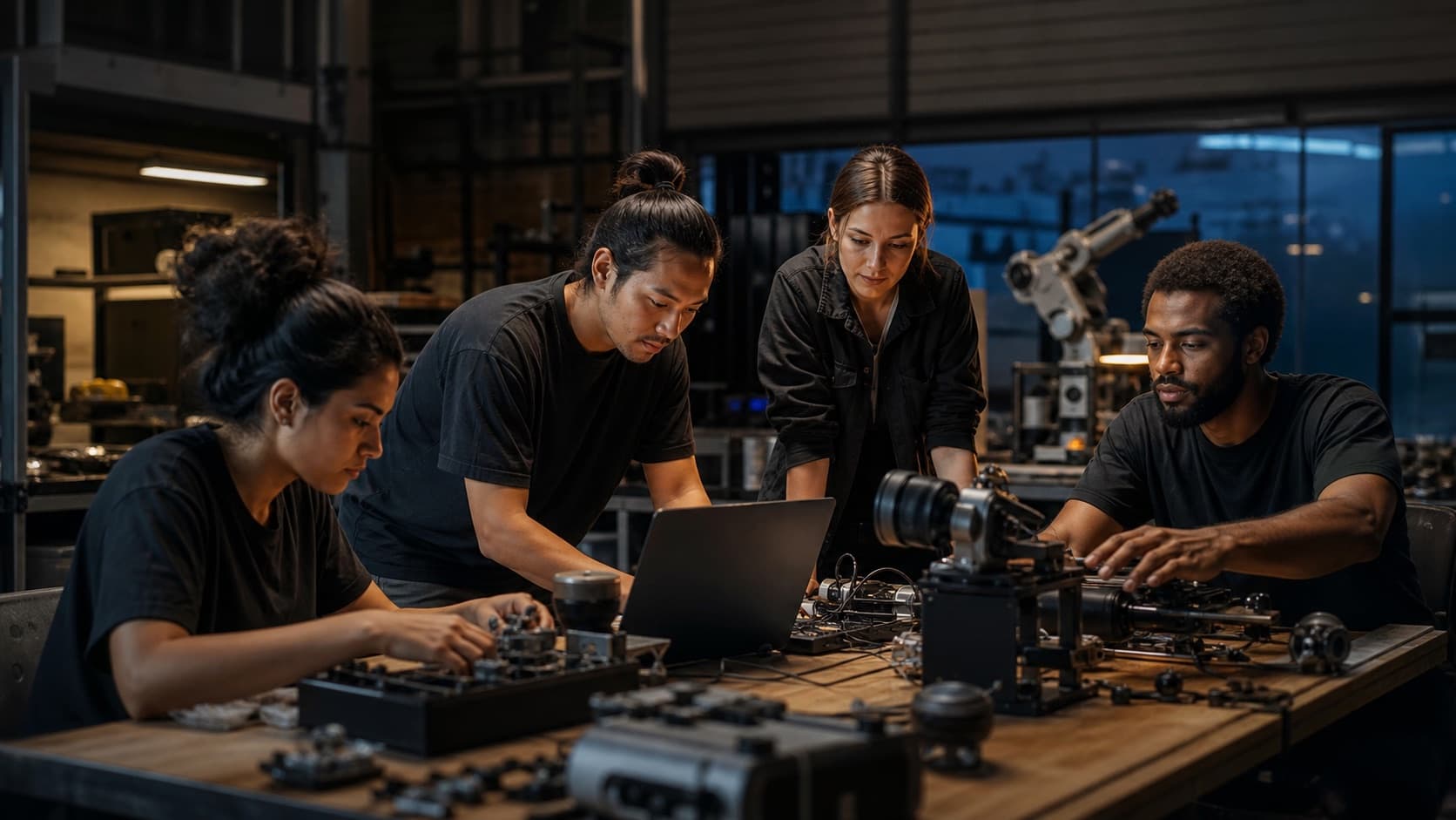 A founder team connecting practical automation hardware in a Space Coast workshop