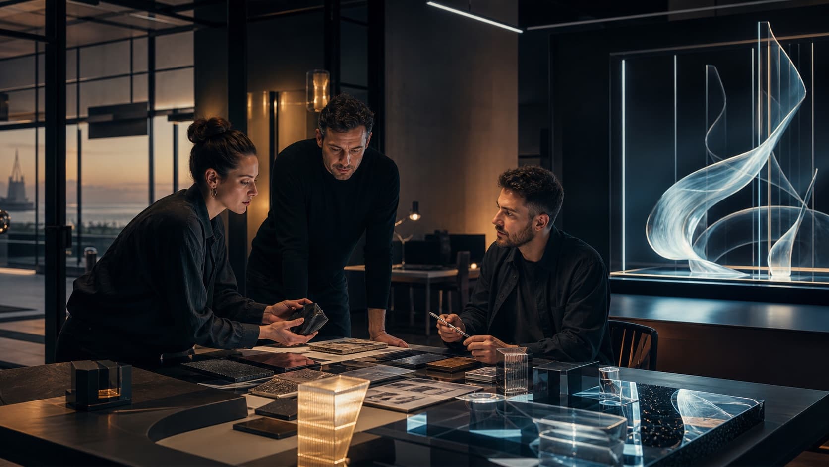 A small creative team shaping a tactile identity system in a future-facing design studio