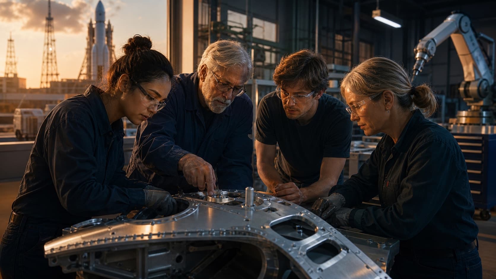 A multigenerational team building an aerospace component with intelligent tools