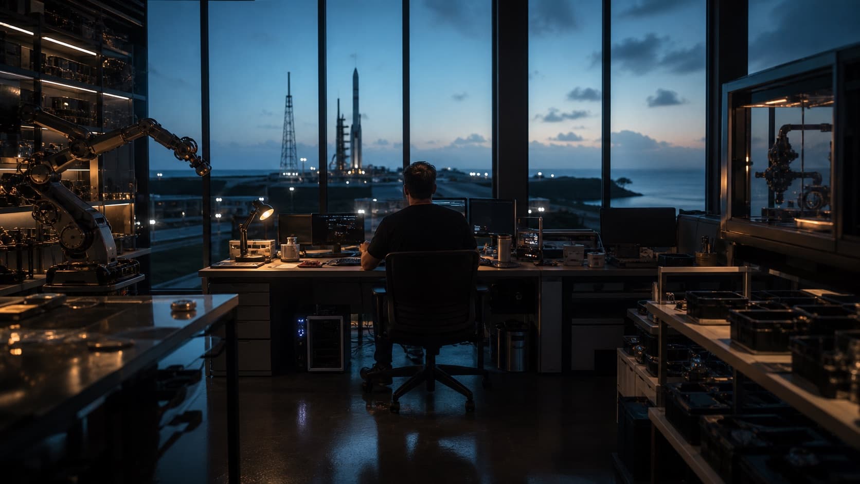 A founder directing autonomous systems from a compact Space Coast operations studio