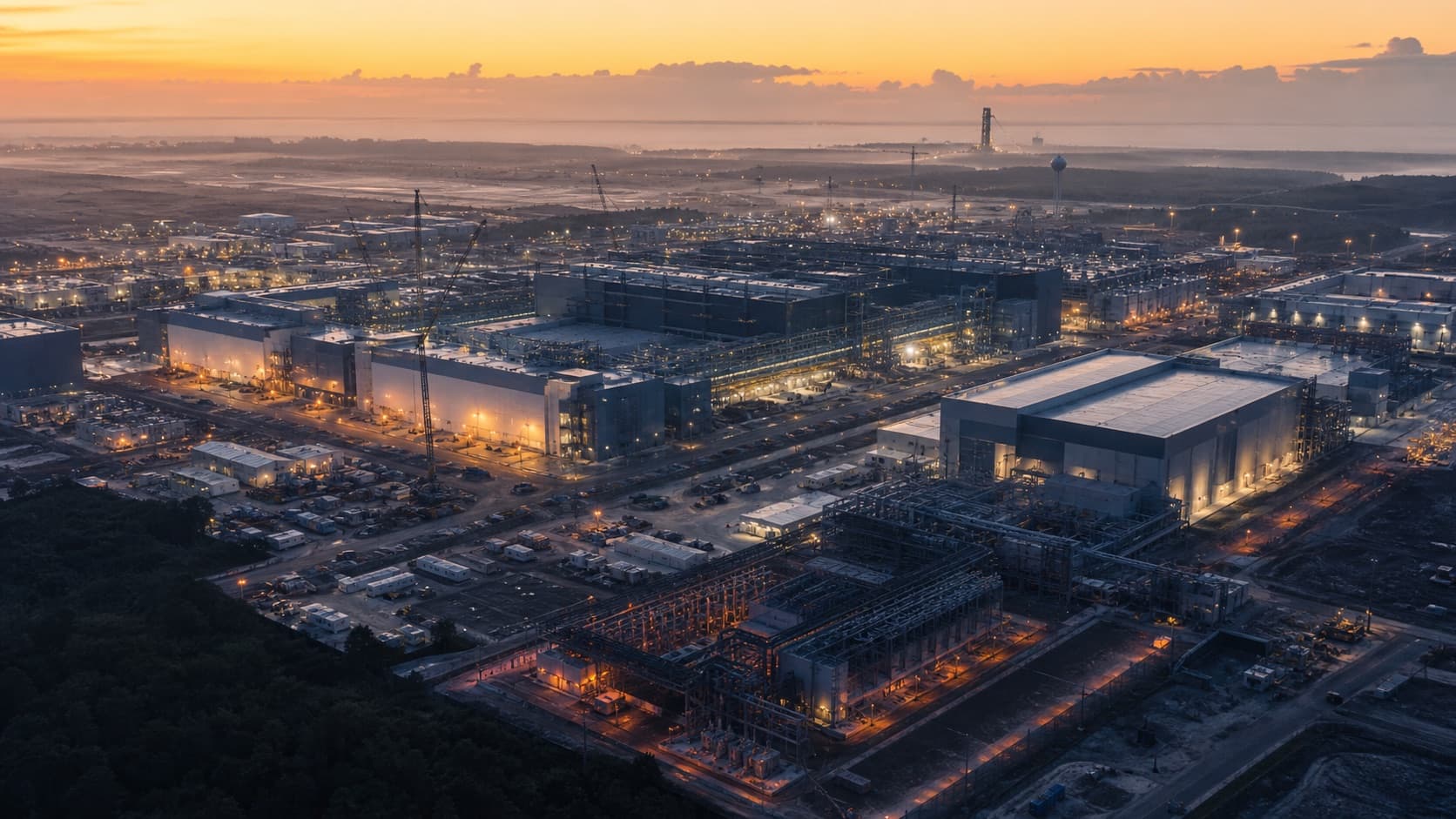 A vast semiconductor and advanced manufacturing campus under construction near the Florida coast
