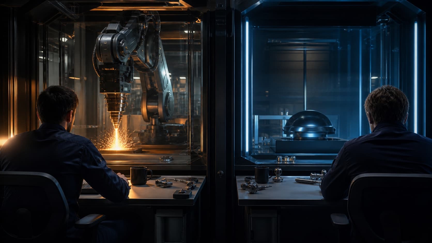 Two adjacent engineering workstations producing dramatically different machine outcomes
