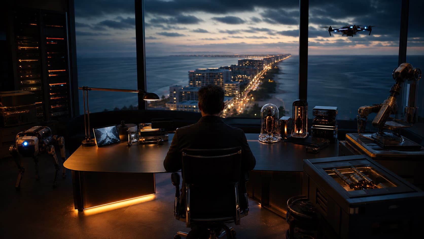 A founder operating coordinated autonomous systems from a coastal command studio