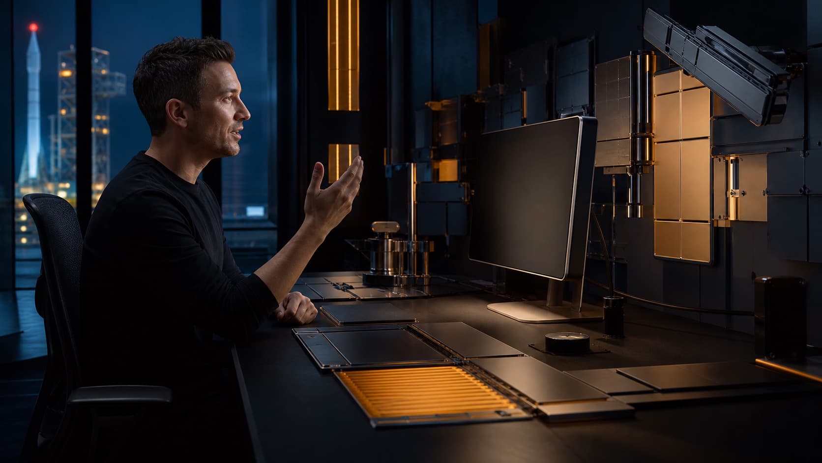 A person speaking to a responsive modular computer workspace in a dark studio