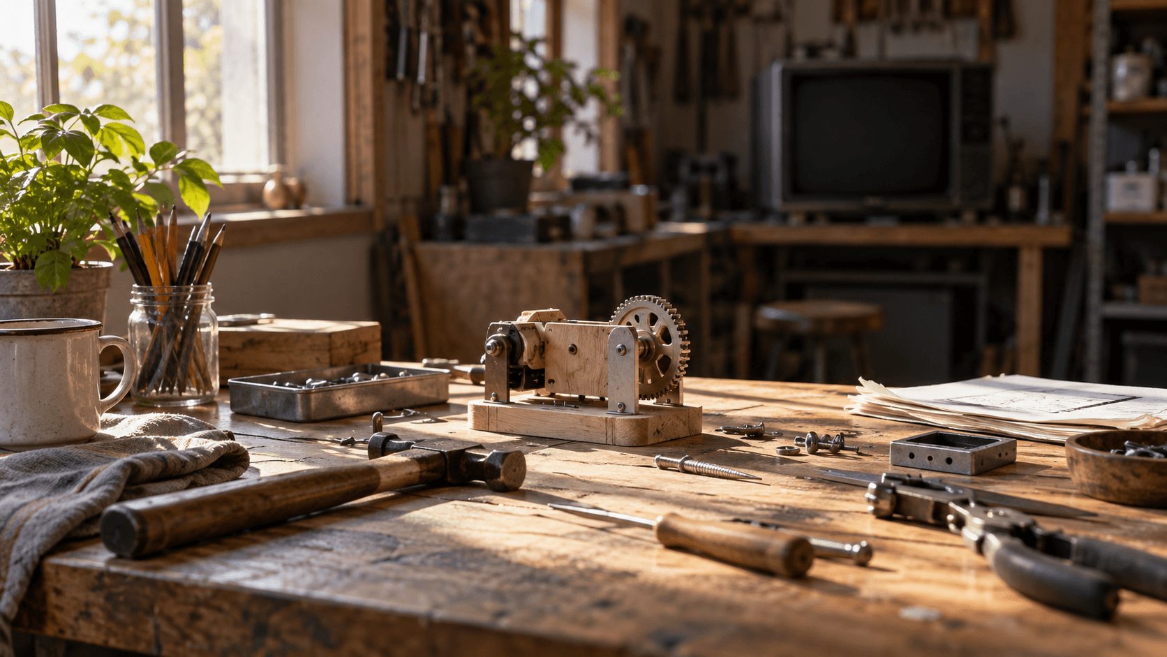 Conceptual editorial photograph of a workshop prototype with a dark television in the background, not a documentary image of the author's workspace.