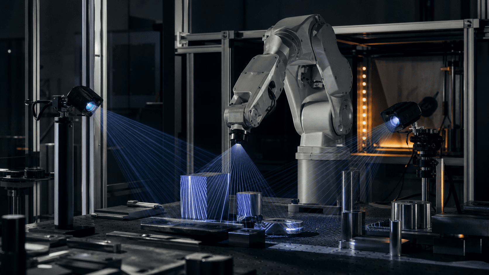 An unbranded robot arm measuring real objects with calibrated structured light from several viewpoints