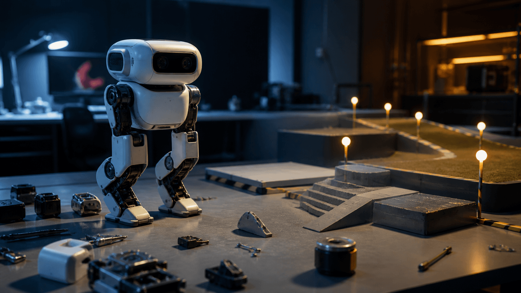 A compact original biped research robot standing beside modular parts and a small test course