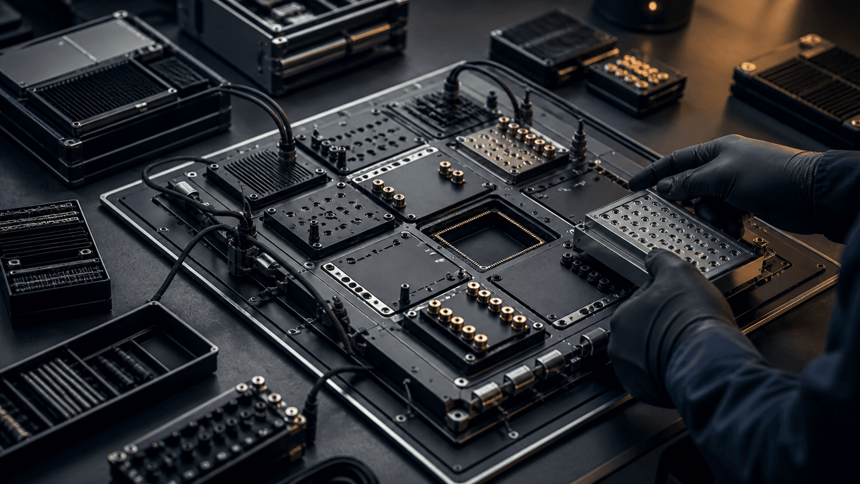 A photorealistic software engineering workspace with disconnected modular interface components and unbranded hardware