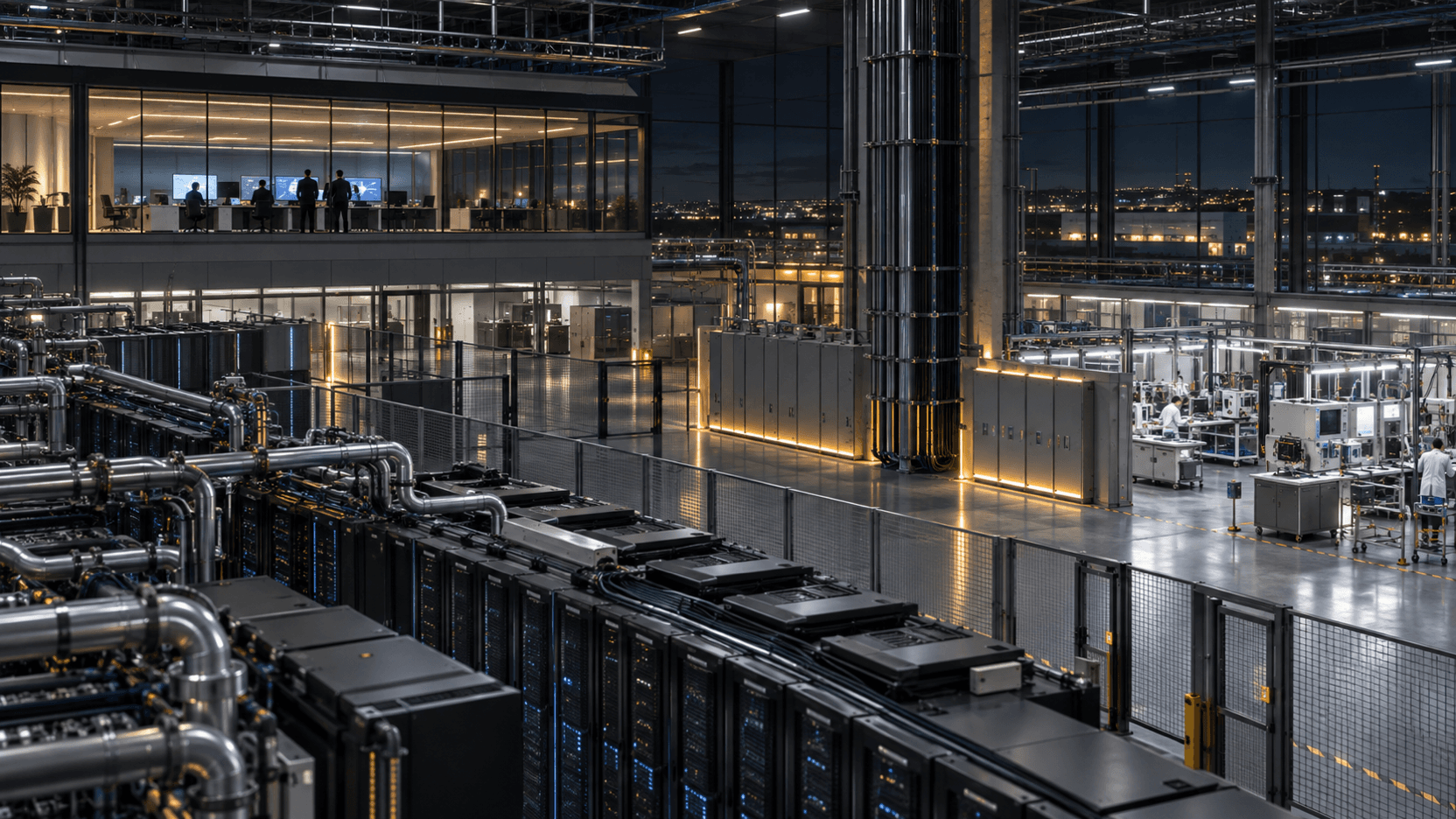 Conceptual editorial photograph of an unbranded European industrial AI facility combining data-center equipment, semiconductor testing, and an operations floor, not a real company site