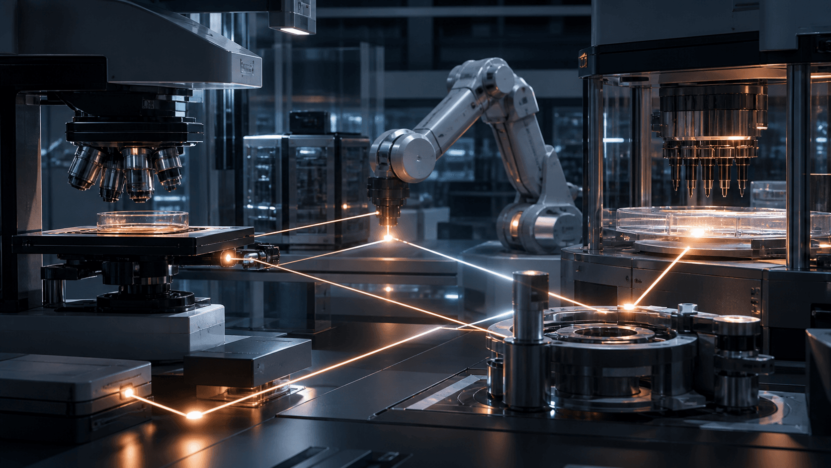 A photorealistic laboratory where precision instruments and a robotic arm are connected by coordinated light paths