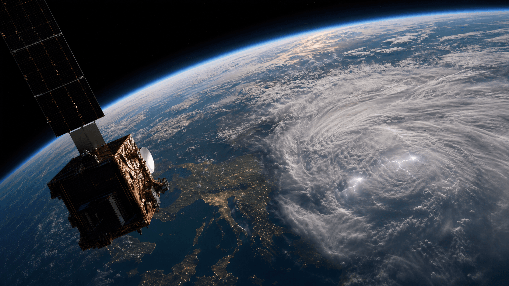 A photorealistic unbranded geostationary weather satellite observing a turbulent atmosphere above Earth