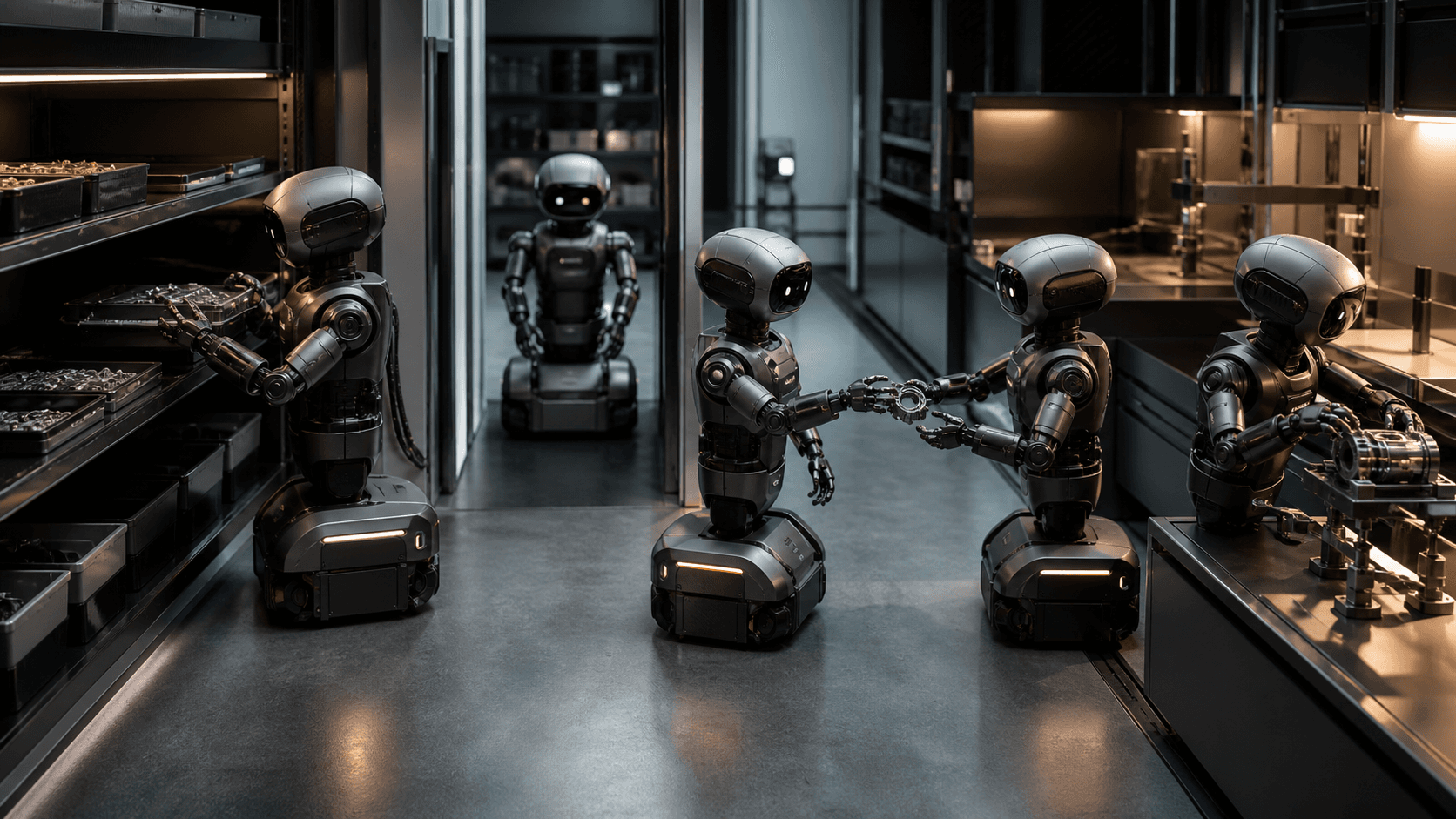 Four small autonomous robots allocate parts and coordinate a handoff in an advanced workshop