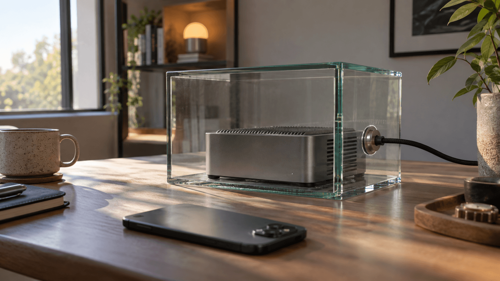 Conceptual editorial photograph of an unbranded computing appliance behind glass on a home desk, illustrating a permission boundary, not actual Meta hardware.