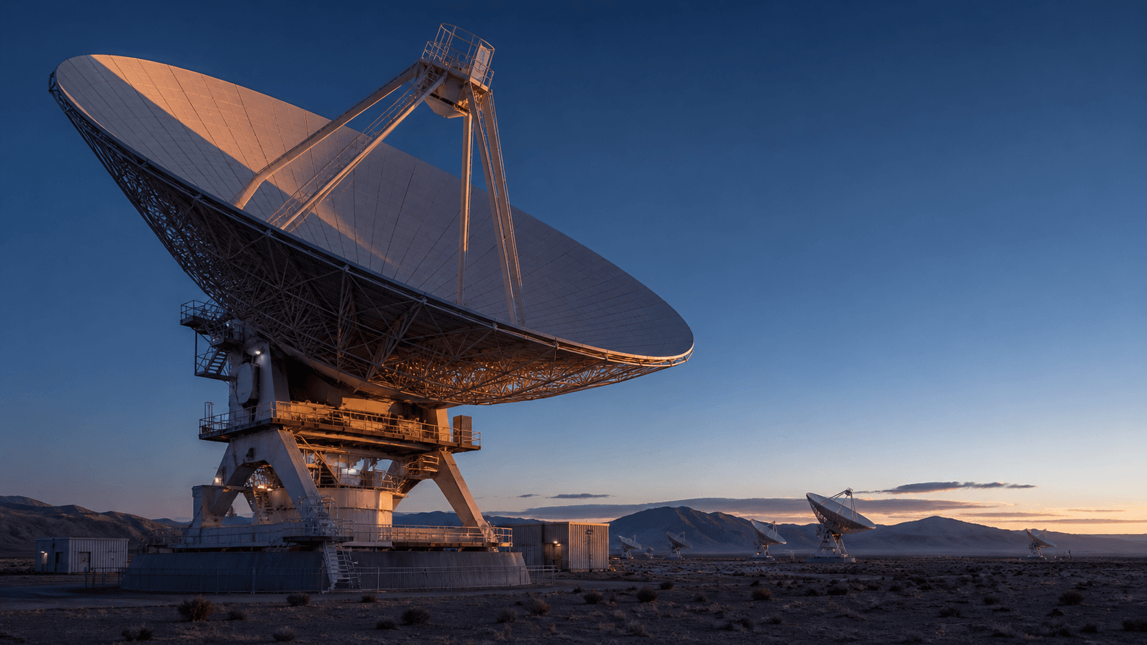 A photorealistic giant radio telescope dish in a desert communications array at first light