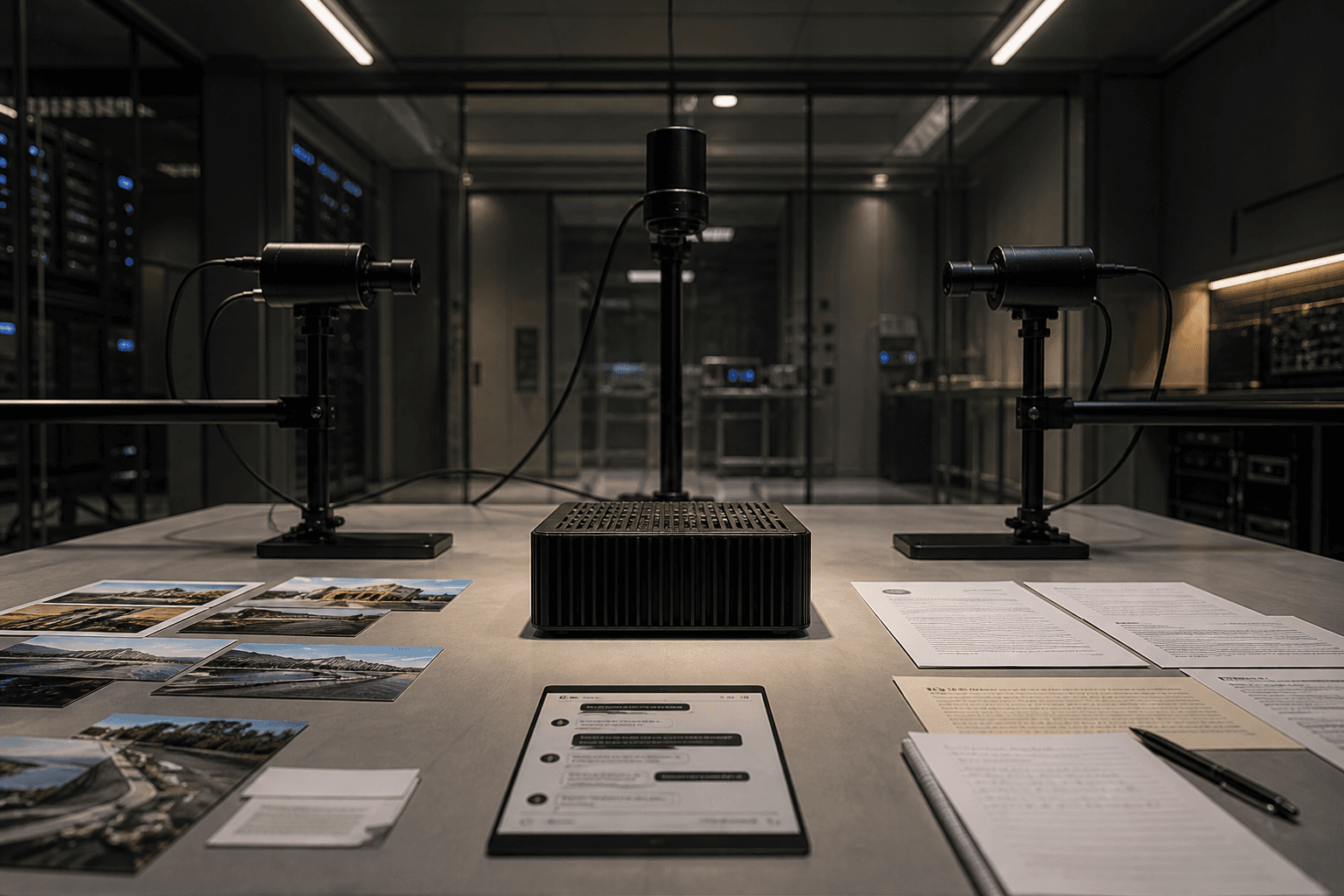 A compact black compute appliance evaluating photographs, documents, and conversations in a controlled laboratory