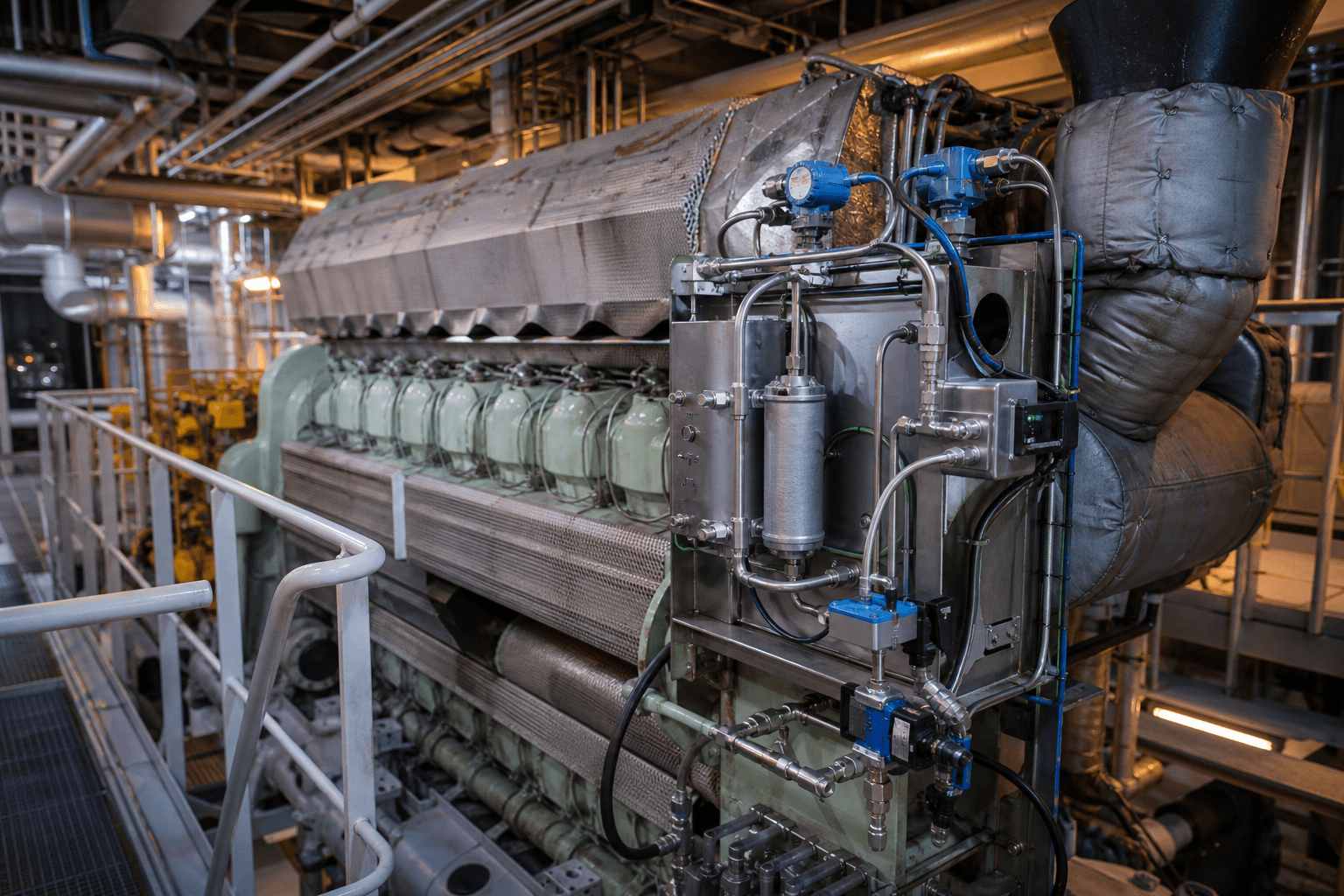 A large unbranded cargo vessel underway with a compact hydrogen retrofit system visible in the engine room