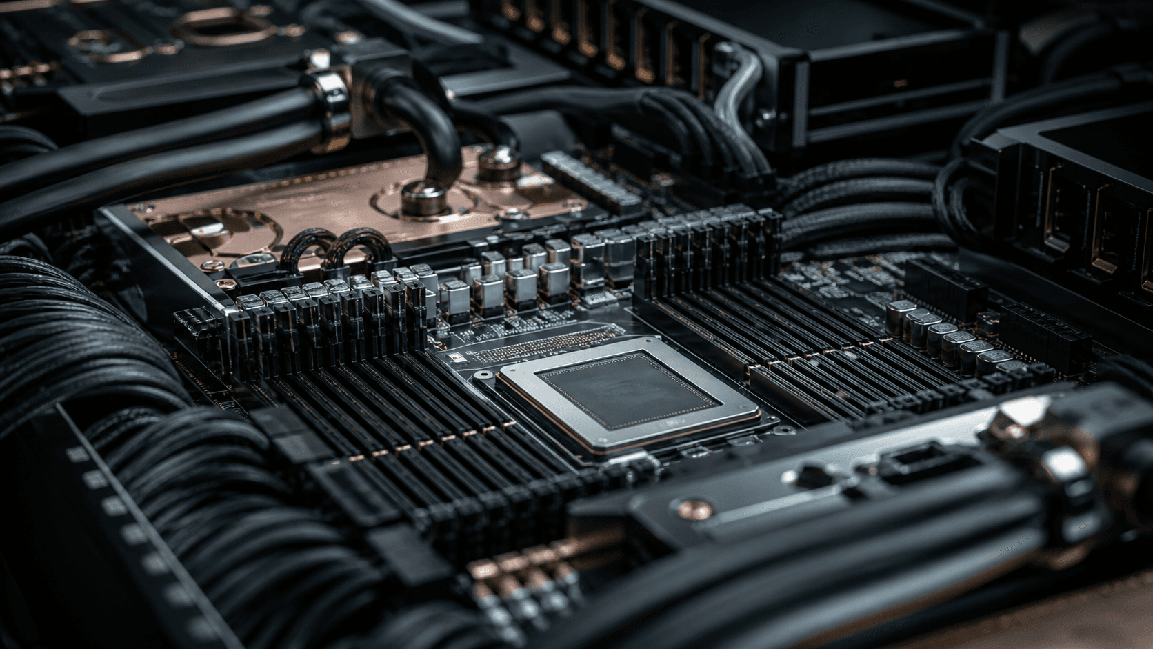 A photorealistic unbranded server processor installed inside a dense liquid-cooled compute rack