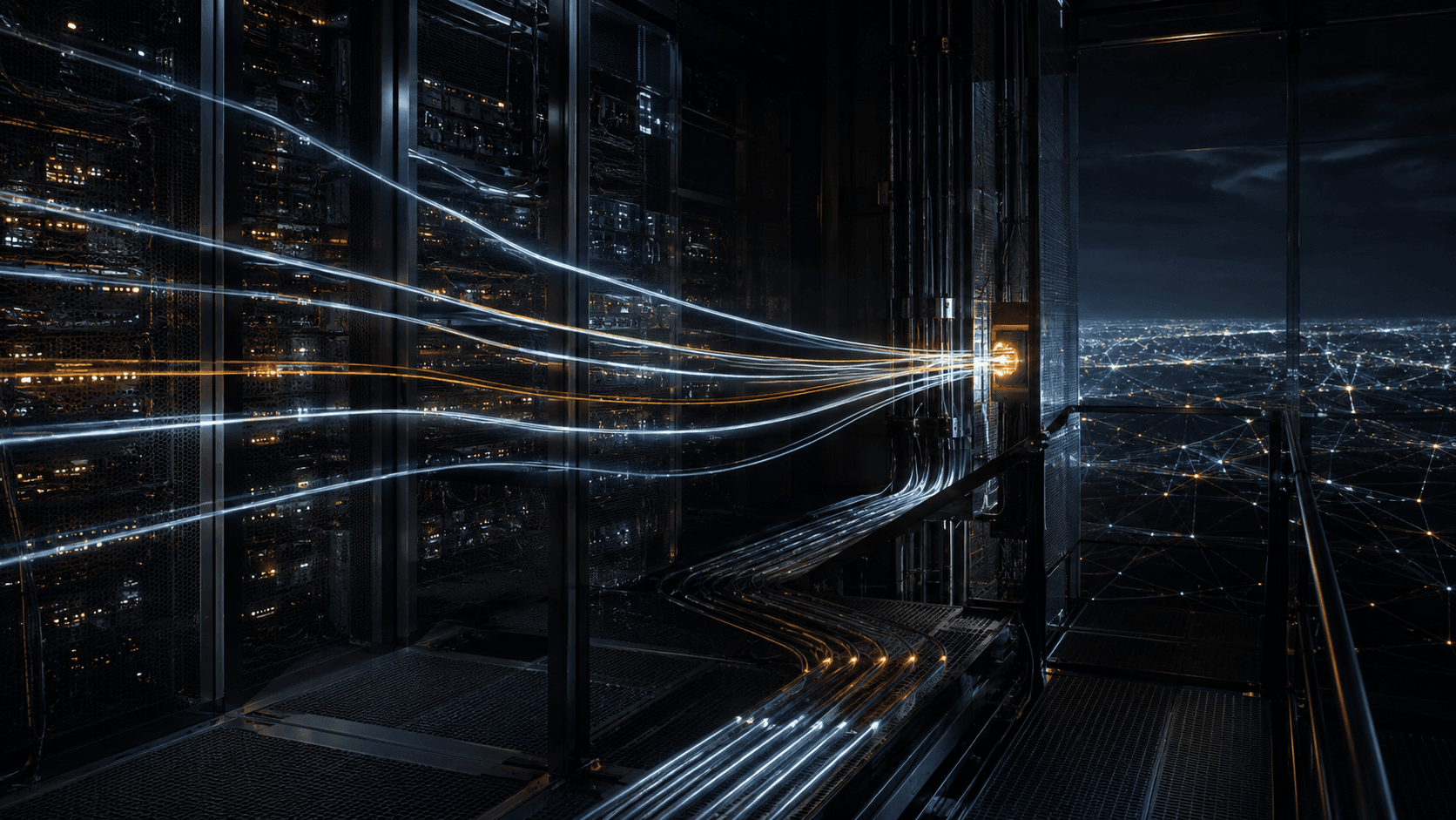 Conceptual editorial image of unbranded server racks feeding one external network path, not a photograph of OpenAI or the reported wiki activity