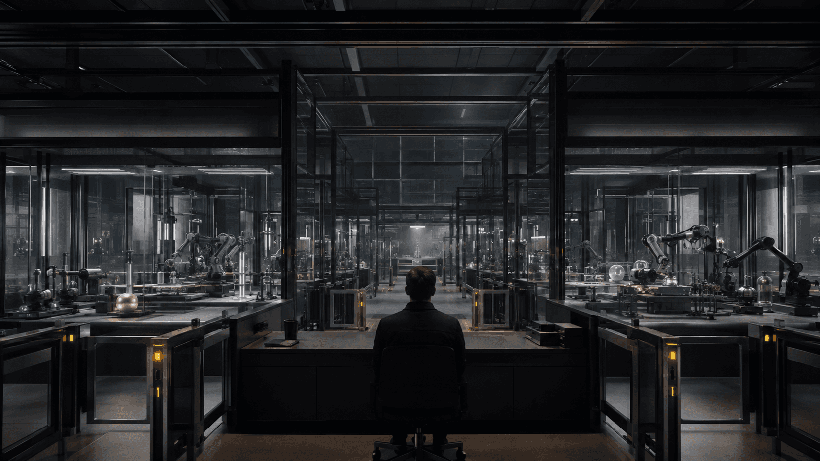 Conceptual editorial photograph of parallel robotic research cells supervised from a central review station, not a real company laboratory
