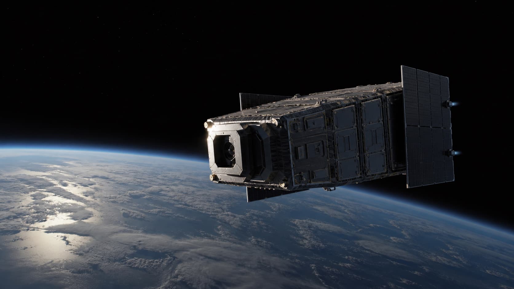 A photorealistic hardened orbital data module floating above the blue curve of Earth