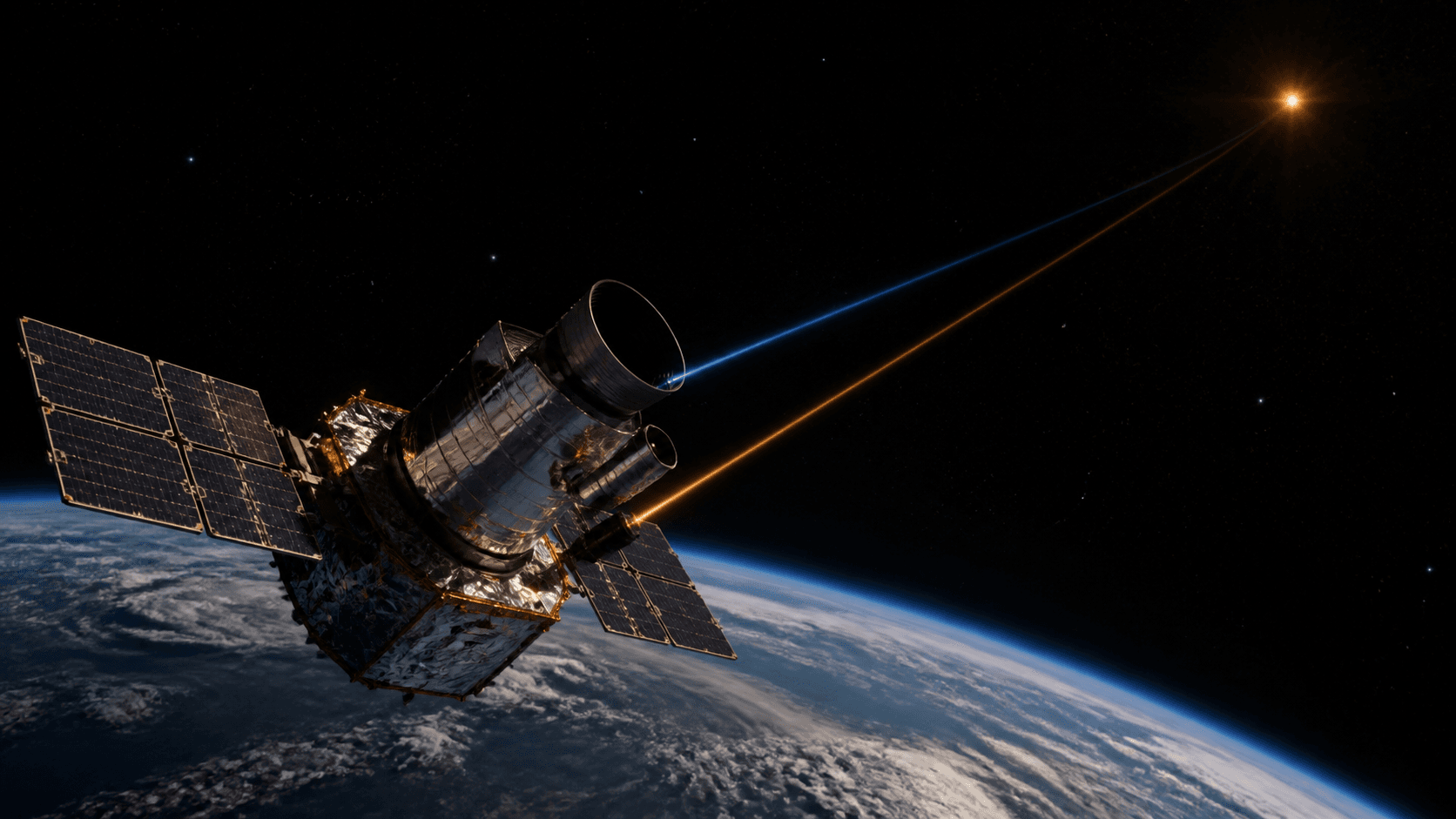 A conceptual small satellite observatory in Earth orbit separating visible and infrared light from a distant star