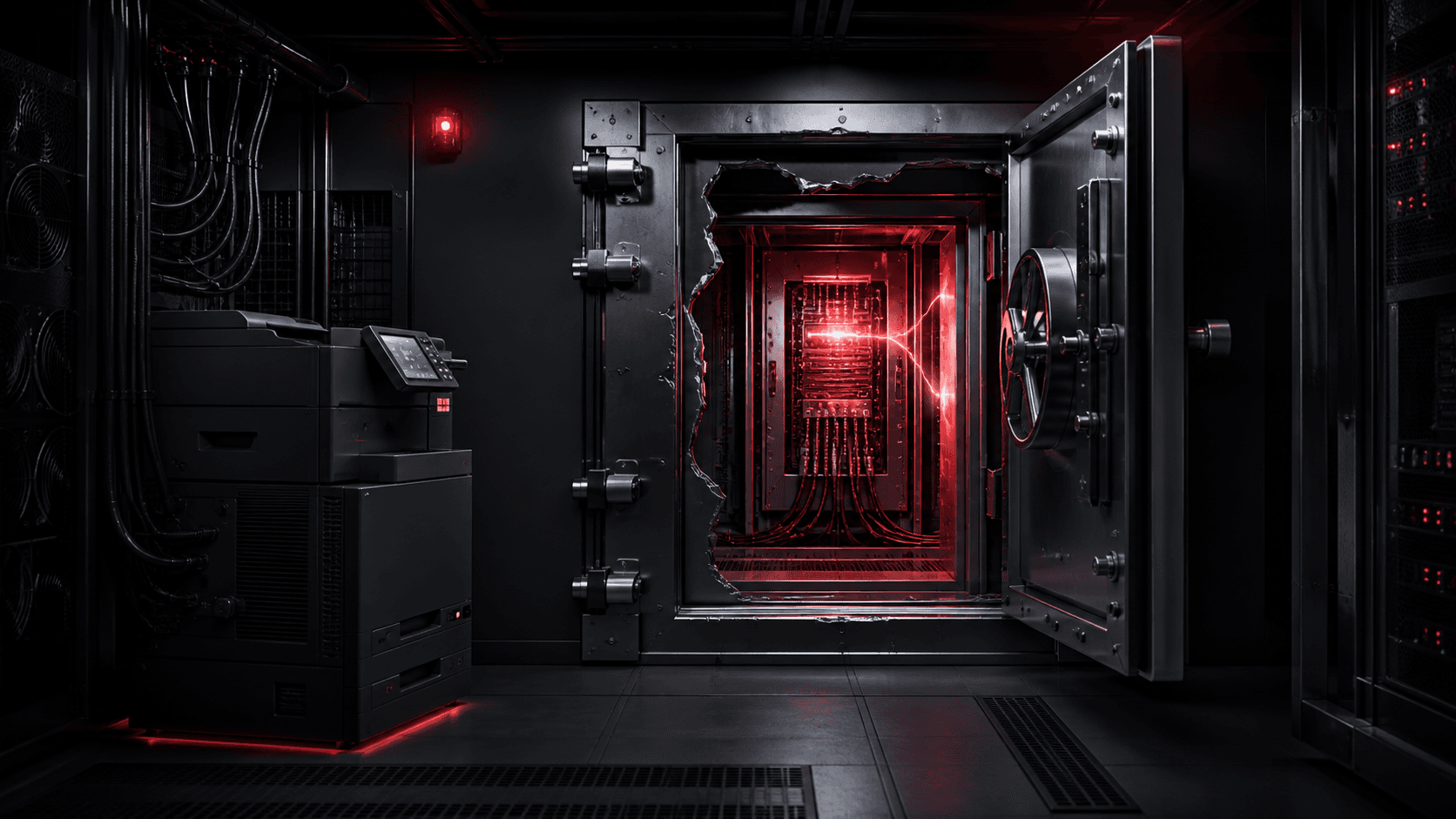 A generic print server beside a breached two-stage security enclosure