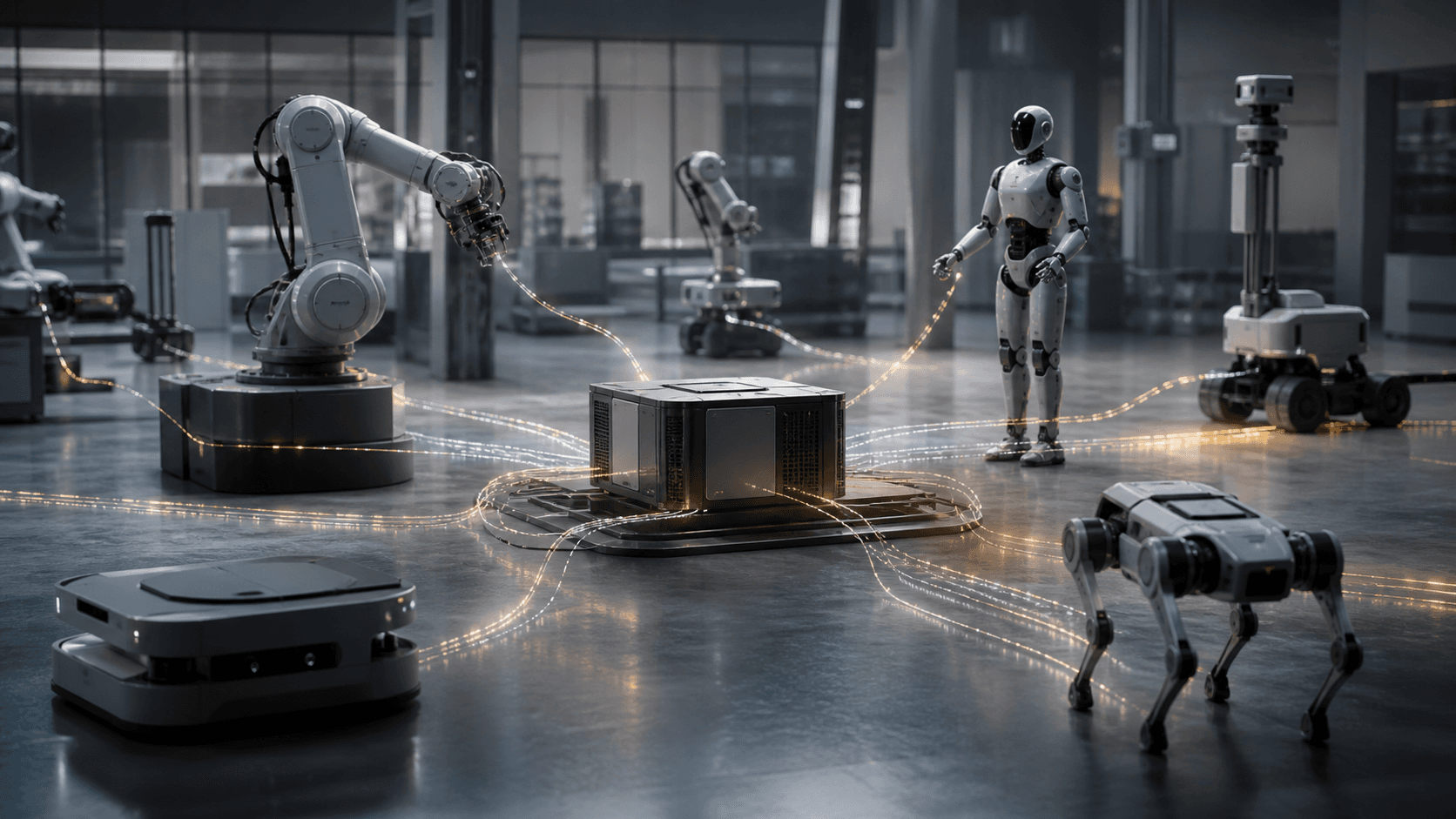 Several different robot forms connected to a central unbranded computing module in a laboratory