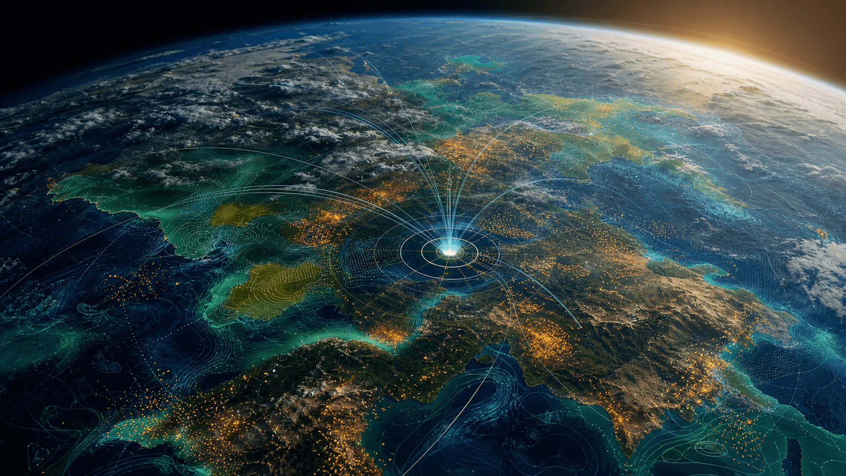 A conceptual view of Earth with unlabelled environmental and infrastructure data fields converging into an analytical core