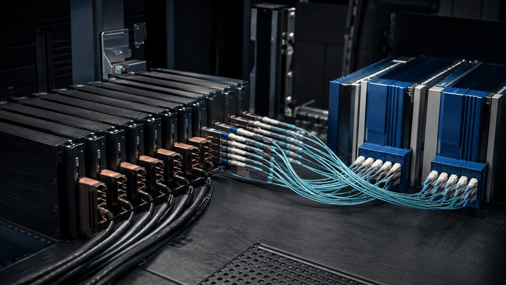 Conceptual editorial photograph of unbranded legacy and next-generation security hardware connected during a controlled infrastructure migration, not a real government deployment