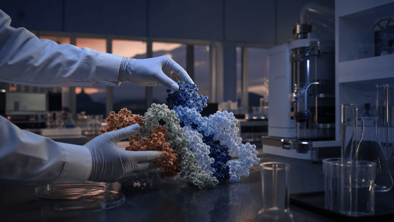 A photorealistic molecular biology laboratory with a physical protein model and unbranded analytical equipment