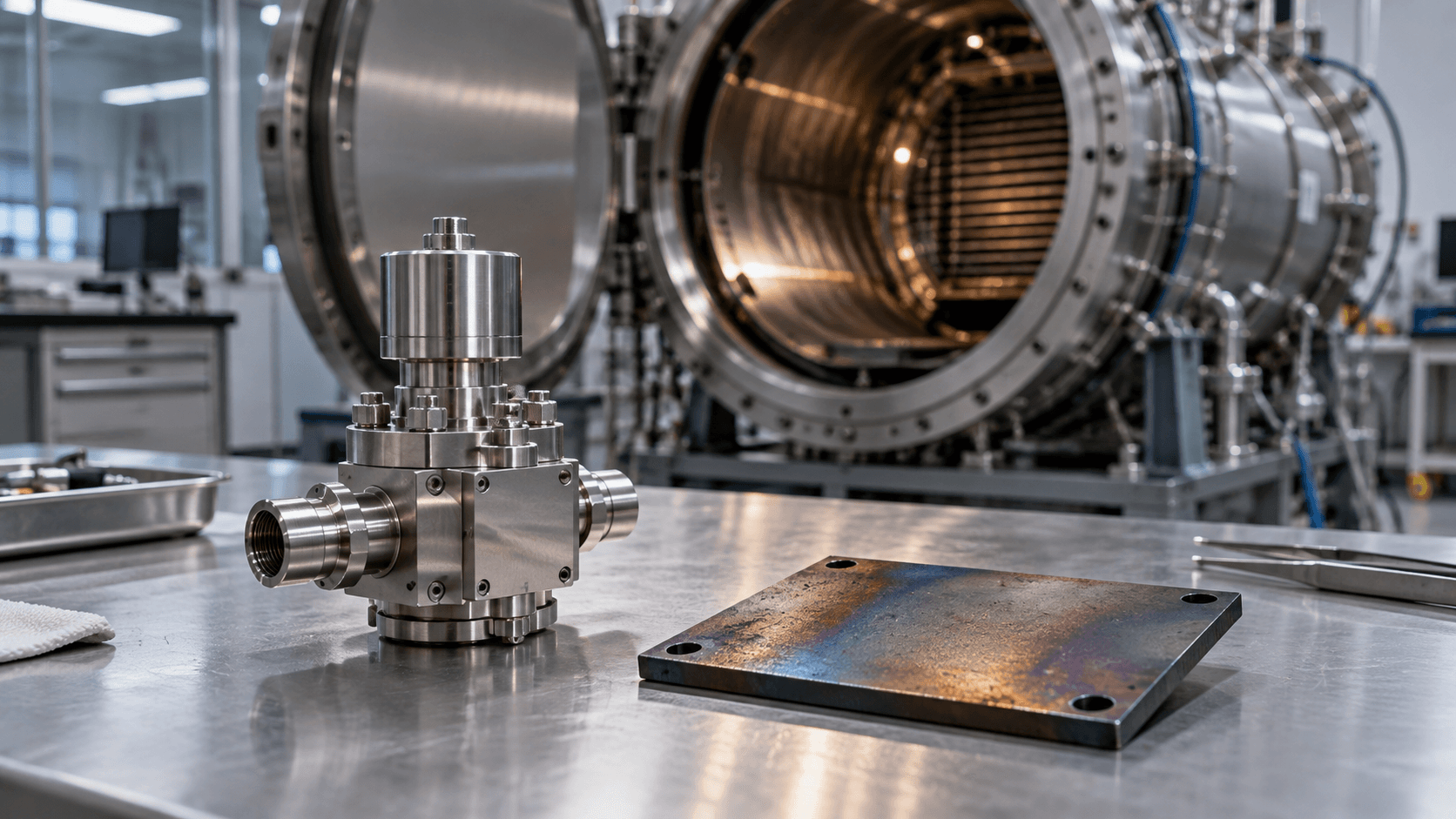 Conceptual photograph of a generic precision valve and heat-discolored metal coupon near a test chamber, not actual Starliner hardware or a NASA facility.