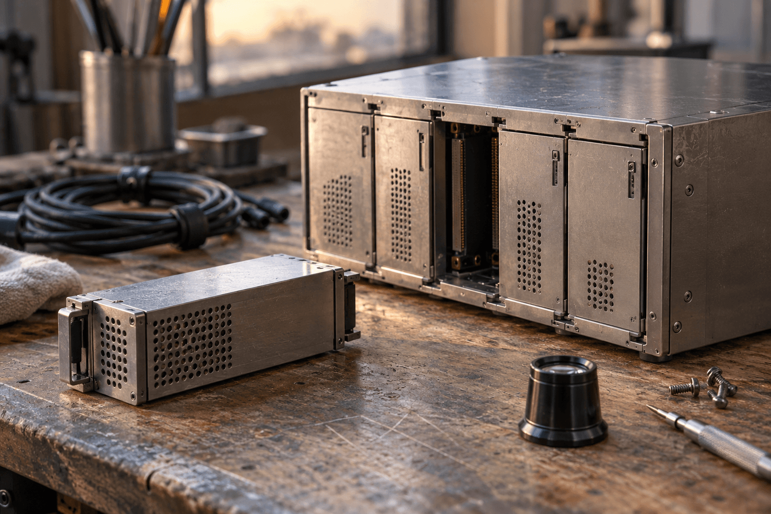 Conceptual still-life photograph of an unbranded modular equipment chassis and detached module on a workbench. Not a Python product or documentary event.