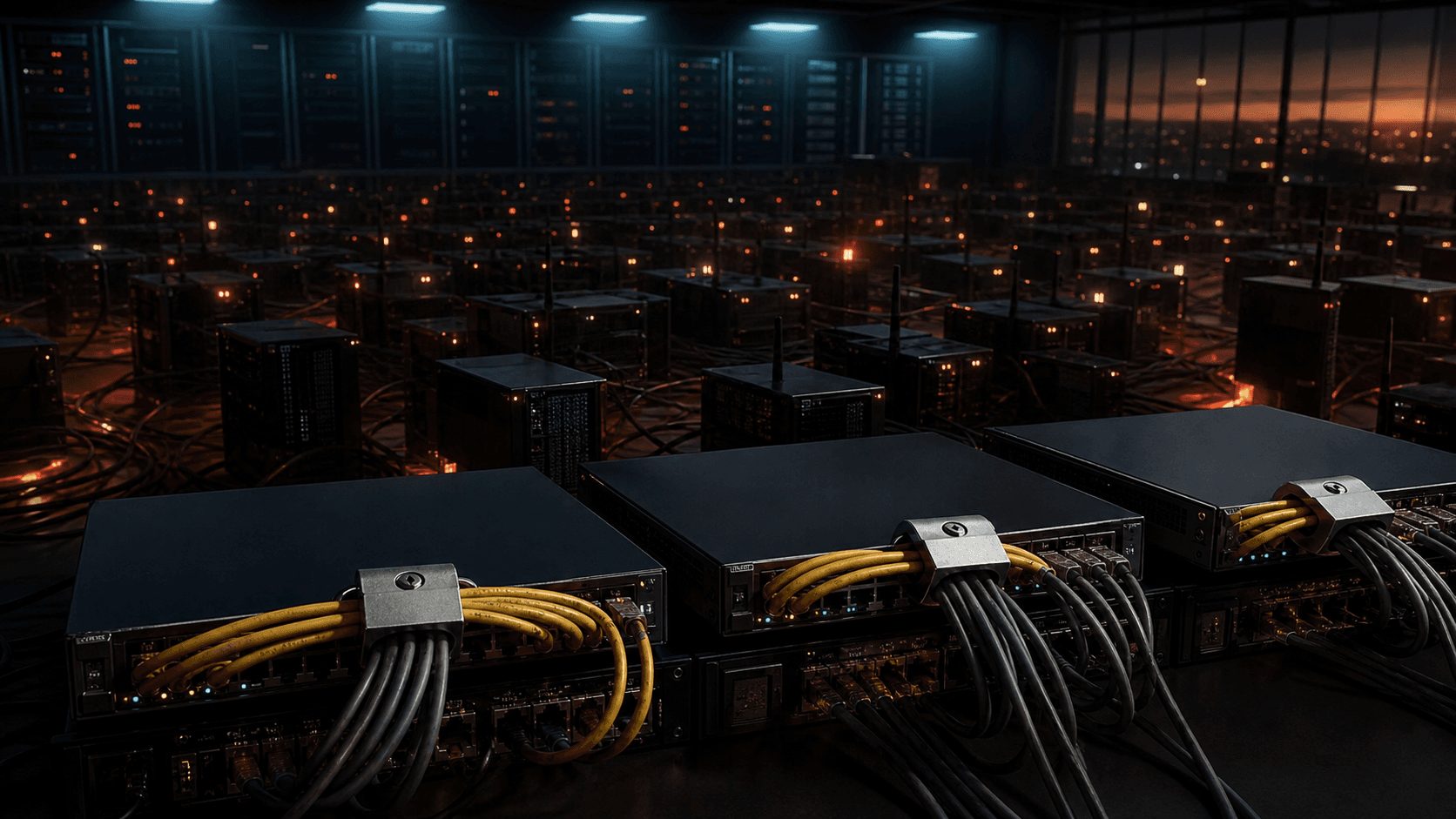A conceptual network operations room with three secured junctions isolated from a sprawling mesh of compromised devices