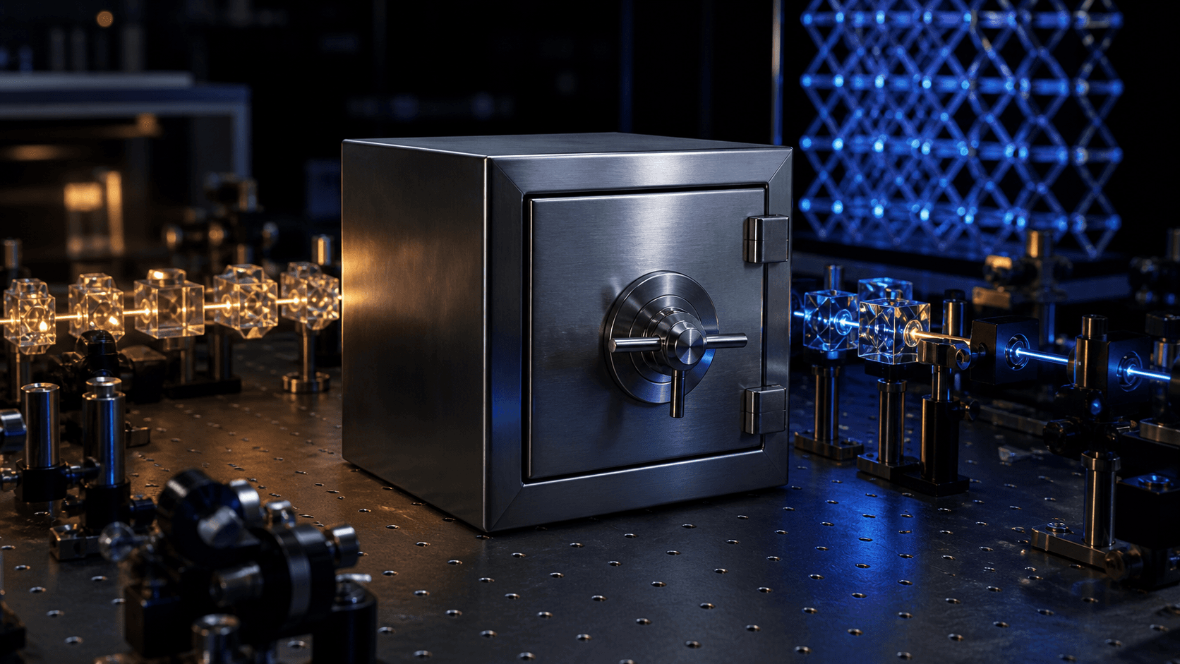 A secure metal vault integrated with an unbranded photonics research apparatus