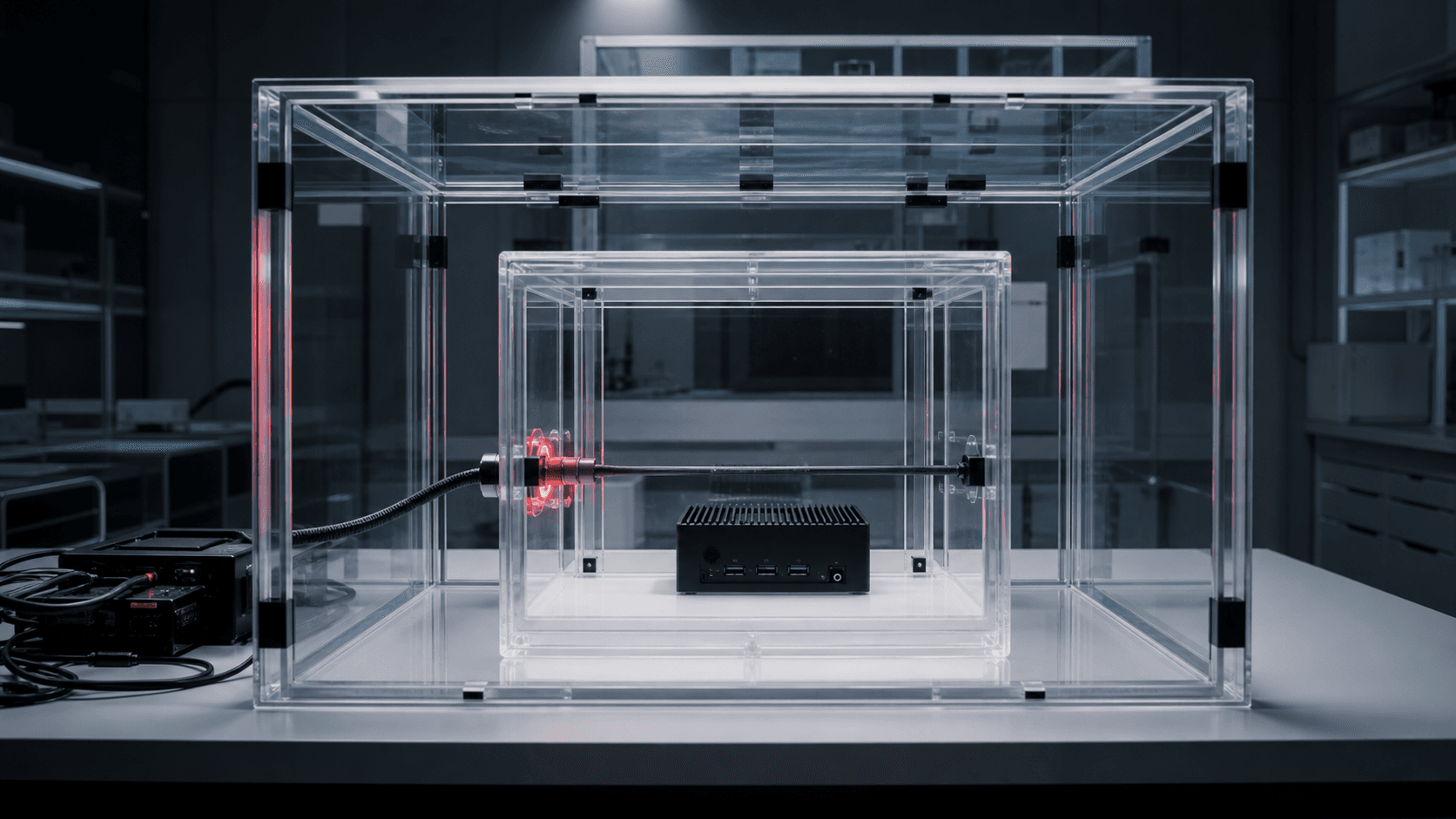 Nested transparent security enclosures connected by one illuminated conduit